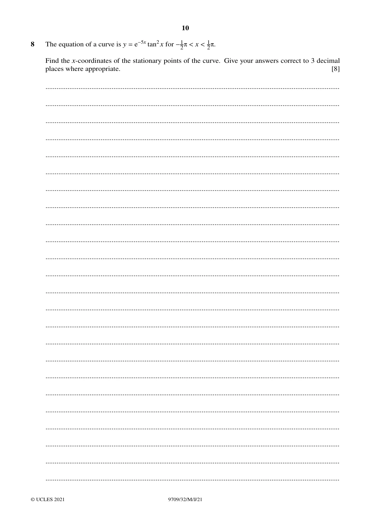 Cambridge A Level Mathematics 9709 2021 May/June Paper 3 · Variant 2 question paper, page 10 of 20