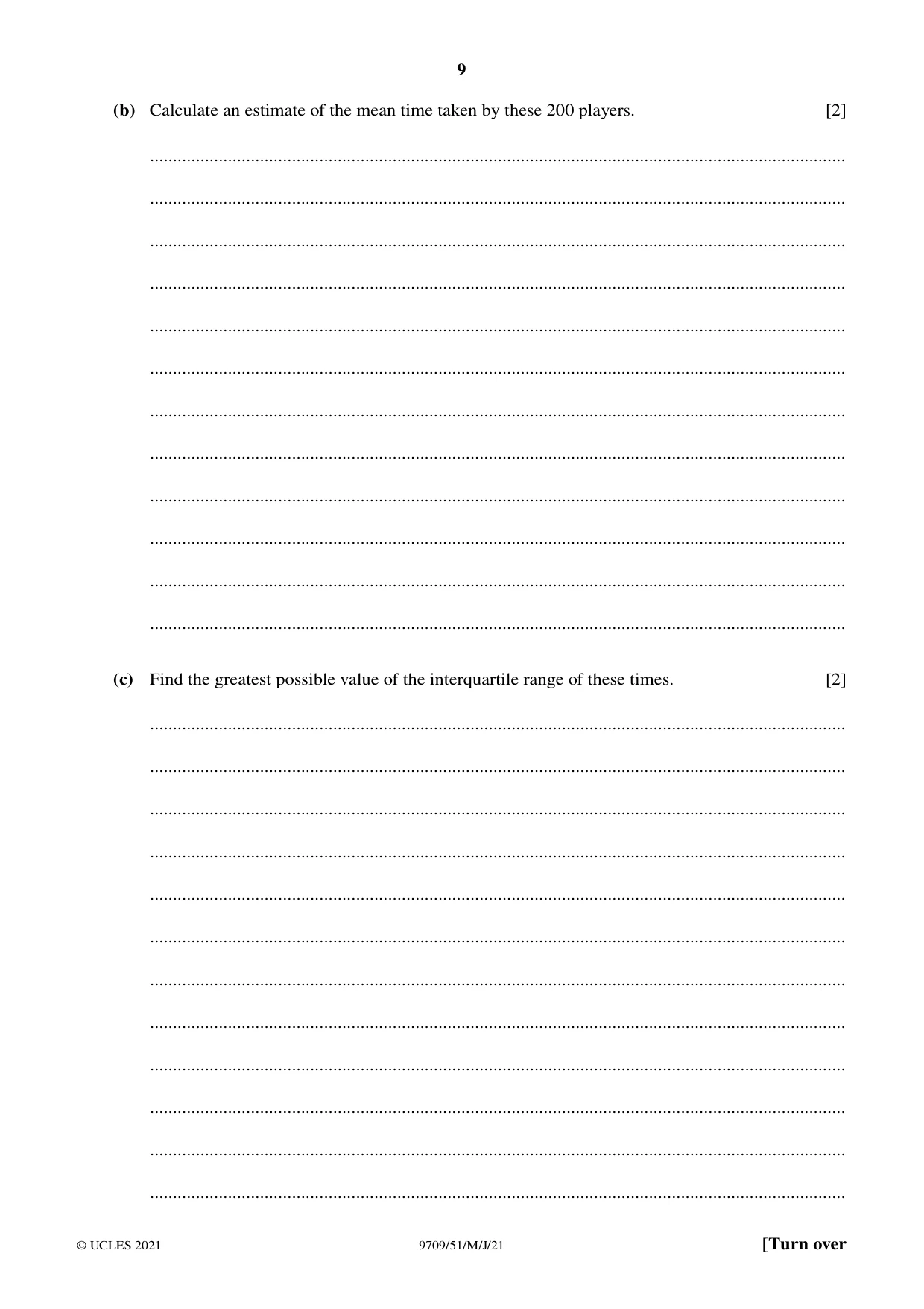 Cambridge A Level Mathematics 9709 2021 May/June Paper 5 · Variant 1 question paper, page 9 of 16
