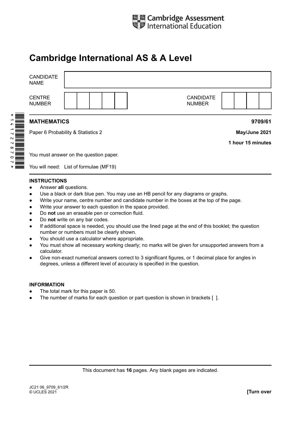 Cambridge A Level Mathematics 9709 2021 May/June Paper 6 · Variant 1 question paper, page 1 of 16