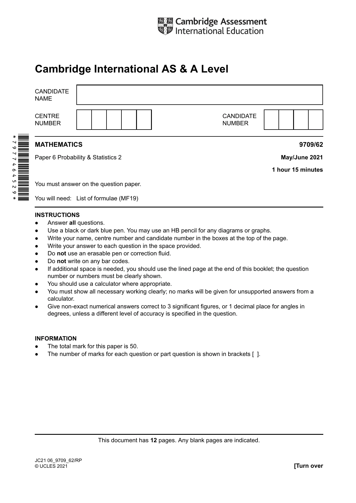 Cambridge A Level Mathematics 9709 2021 May/June Paper 6 · Variant 2 question paper, page 1 of 12