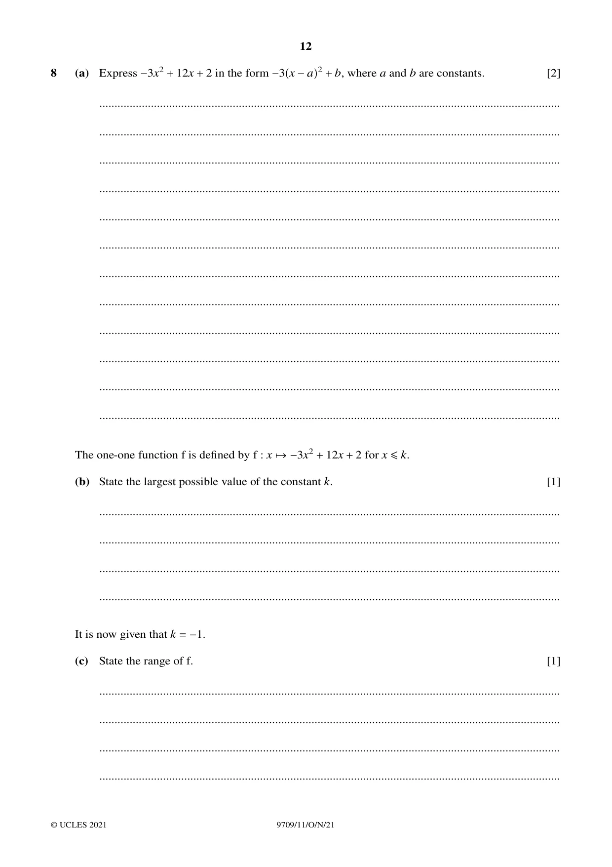 Cambridge A Level Mathematics 9709 2021 Oct/Nov Paper 1 · Variant 1 question paper, page 12 of 20