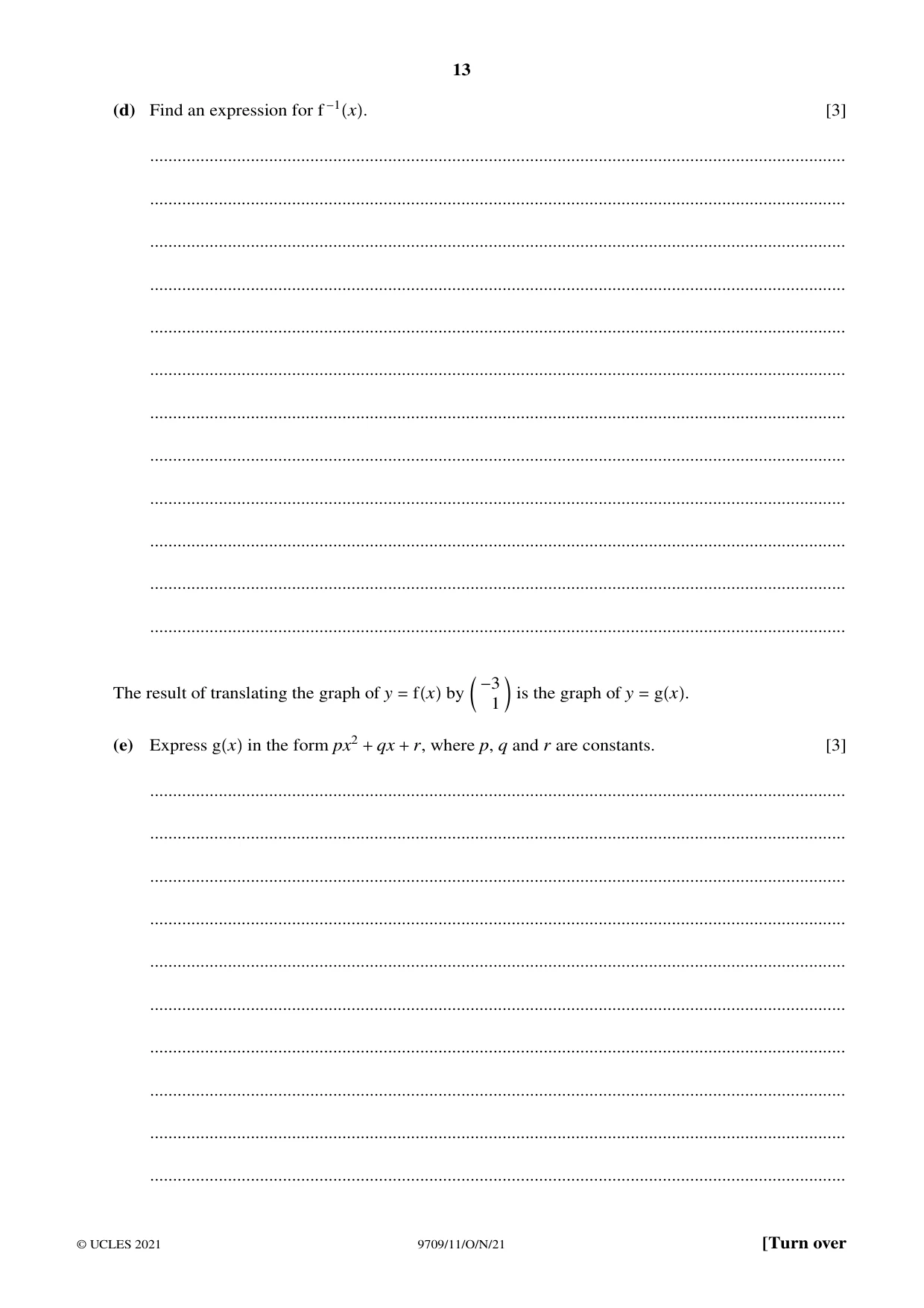 Cambridge A Level Mathematics 9709 2021 Oct/Nov Paper 1 · Variant 1 question paper, page 13 of 20