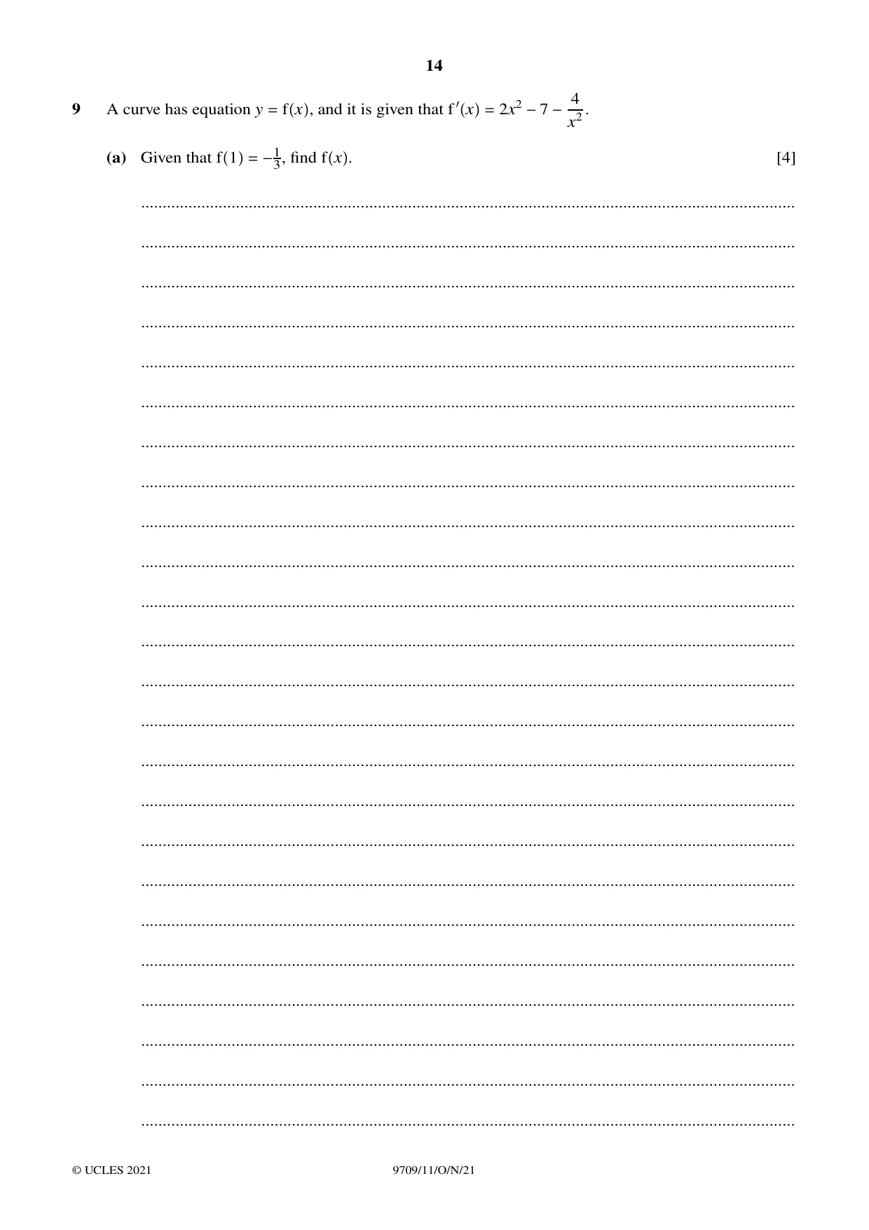 Cambridge A Level Mathematics 9709 2021 Oct/Nov Paper 1 · Variant 1 question paper, page 14 of 20