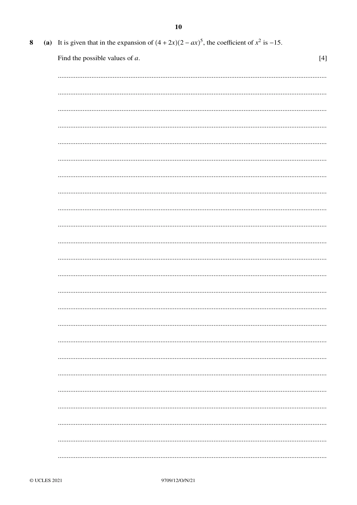 Cambridge A Level Mathematics 9709 2021 Oct/Nov Paper 1 · Variant 2 question paper, page 10 of 20