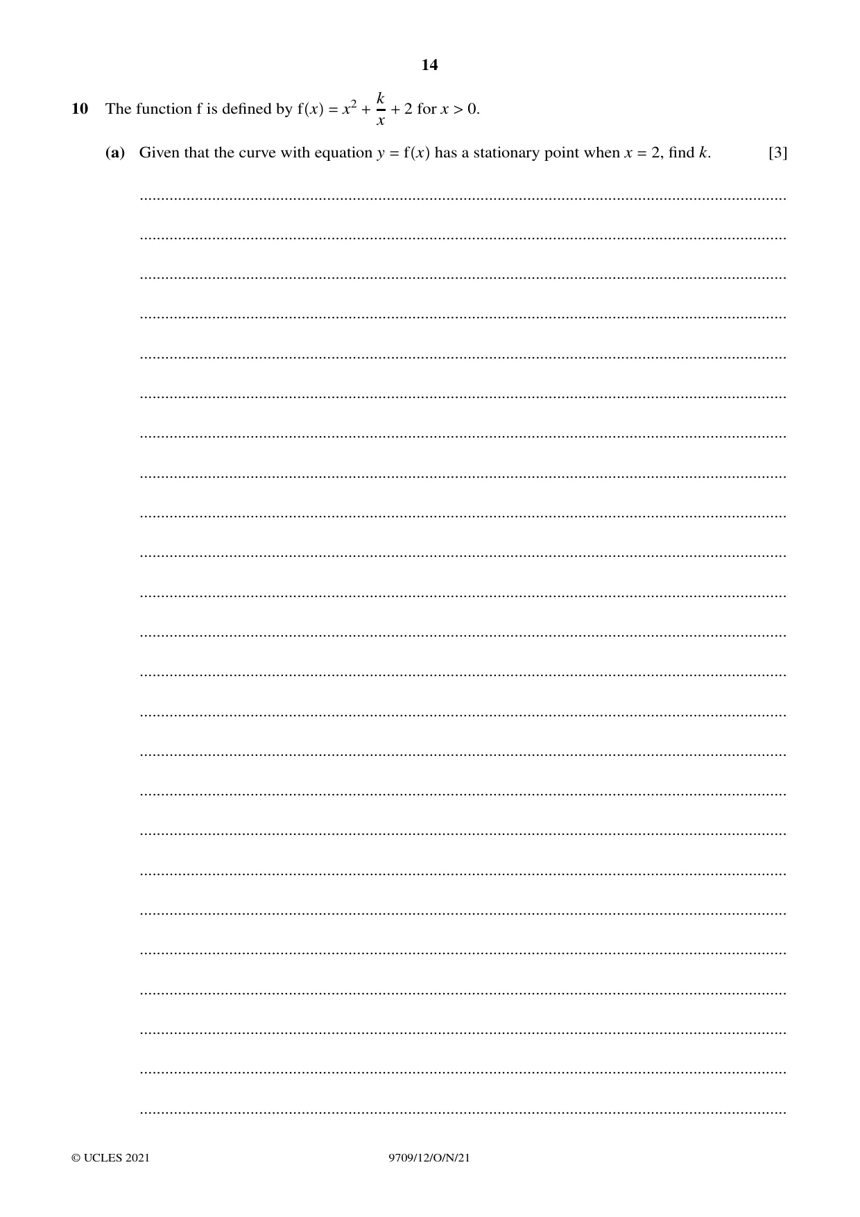 Cambridge A Level Mathematics 9709 2021 Oct/Nov Paper 1 · Variant 2 question paper, page 14 of 20