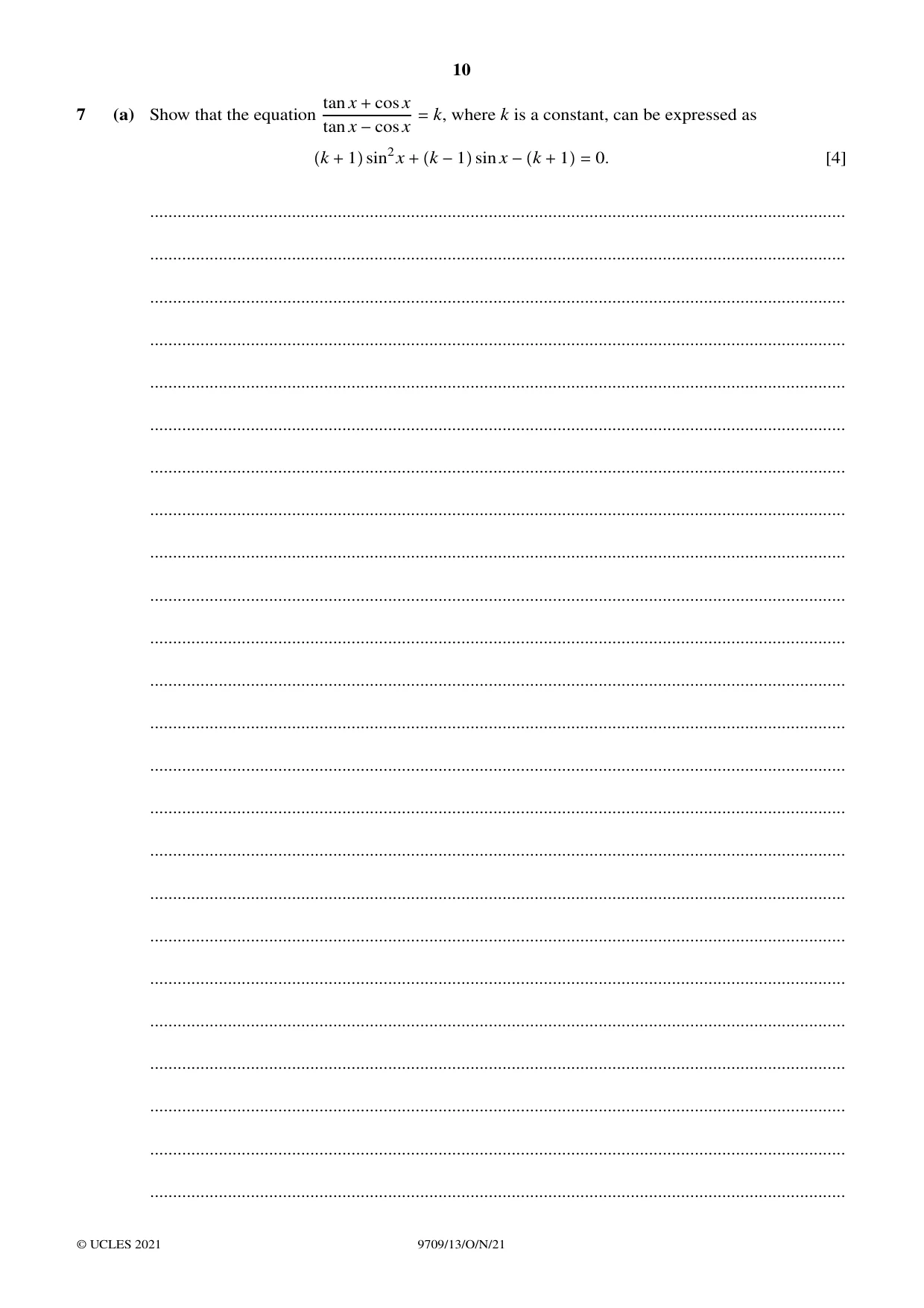 Cambridge A Level Mathematics 9709 2021 Oct/Nov Paper 1 · Variant 3 question paper, page 10 of 20