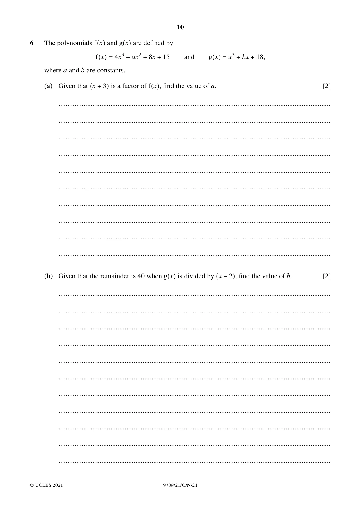 Cambridge A Level Mathematics 9709 2021 Oct/Nov Paper 2 · Variant 1 question paper, page 10 of 16