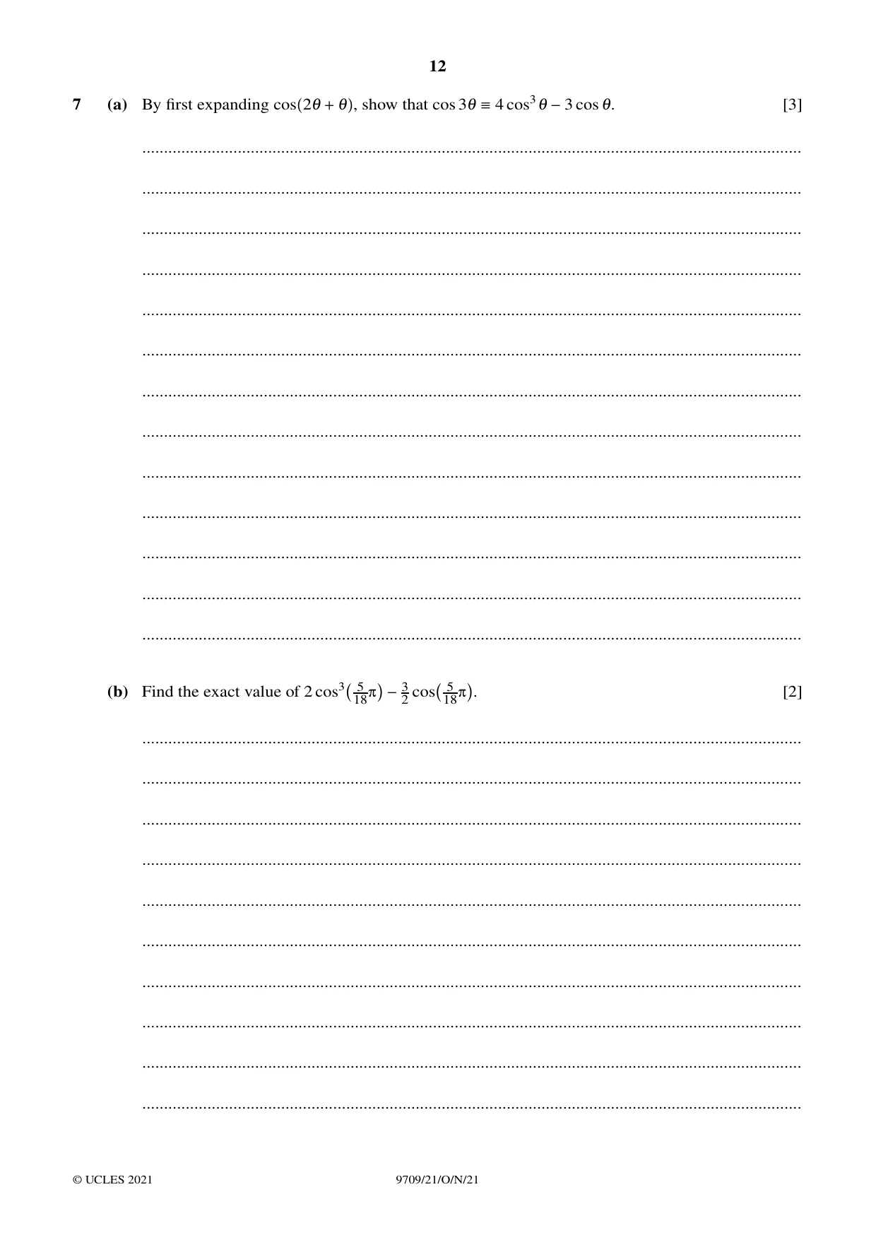 Cambridge A Level Mathematics 9709 2021 Oct/Nov Paper 2 · Variant 1 question paper, page 12 of 16