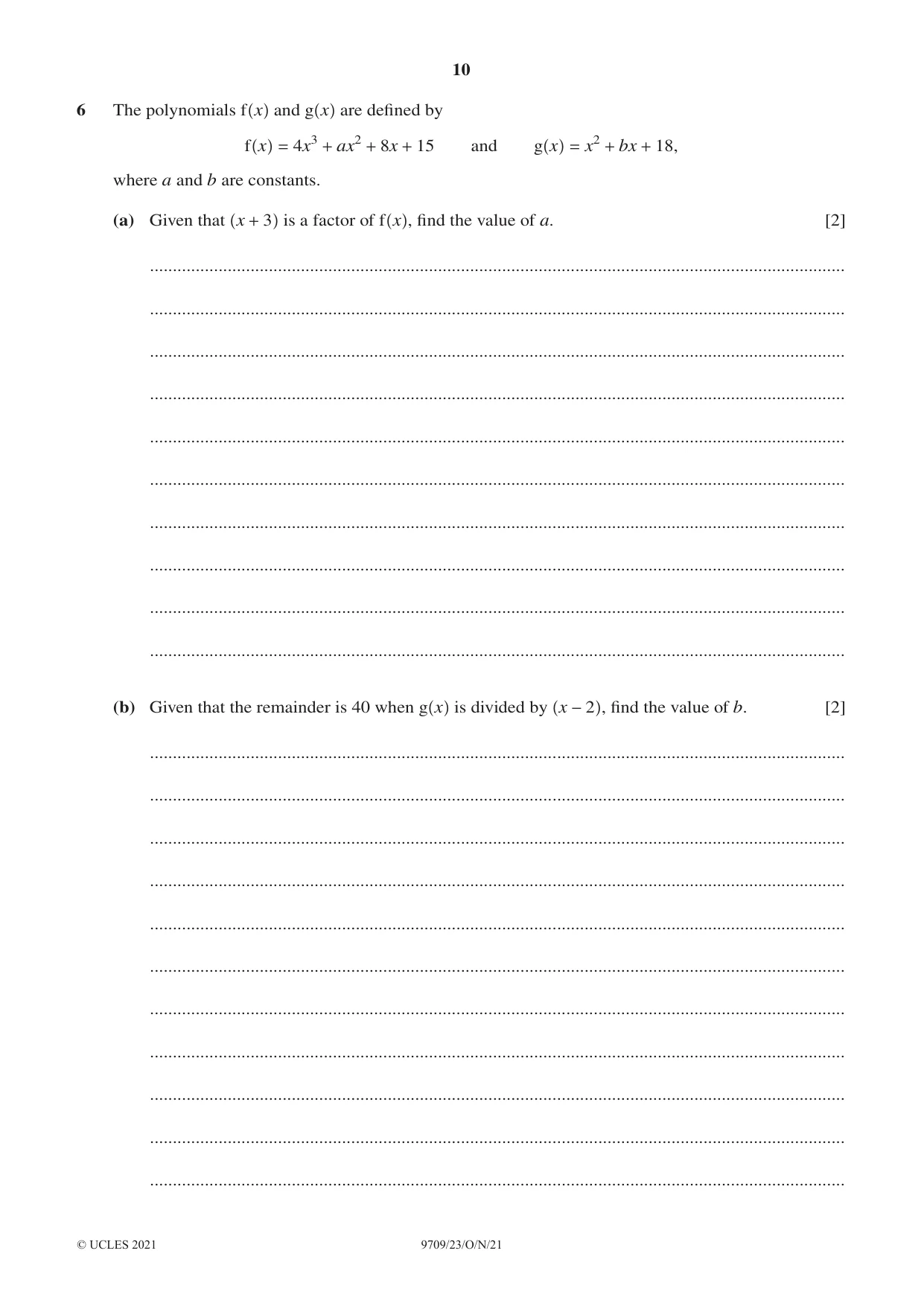 Cambridge A Level Mathematics 9709 2021 Oct/Nov Paper 2 · Variant 3 question paper, page 10 of 16
