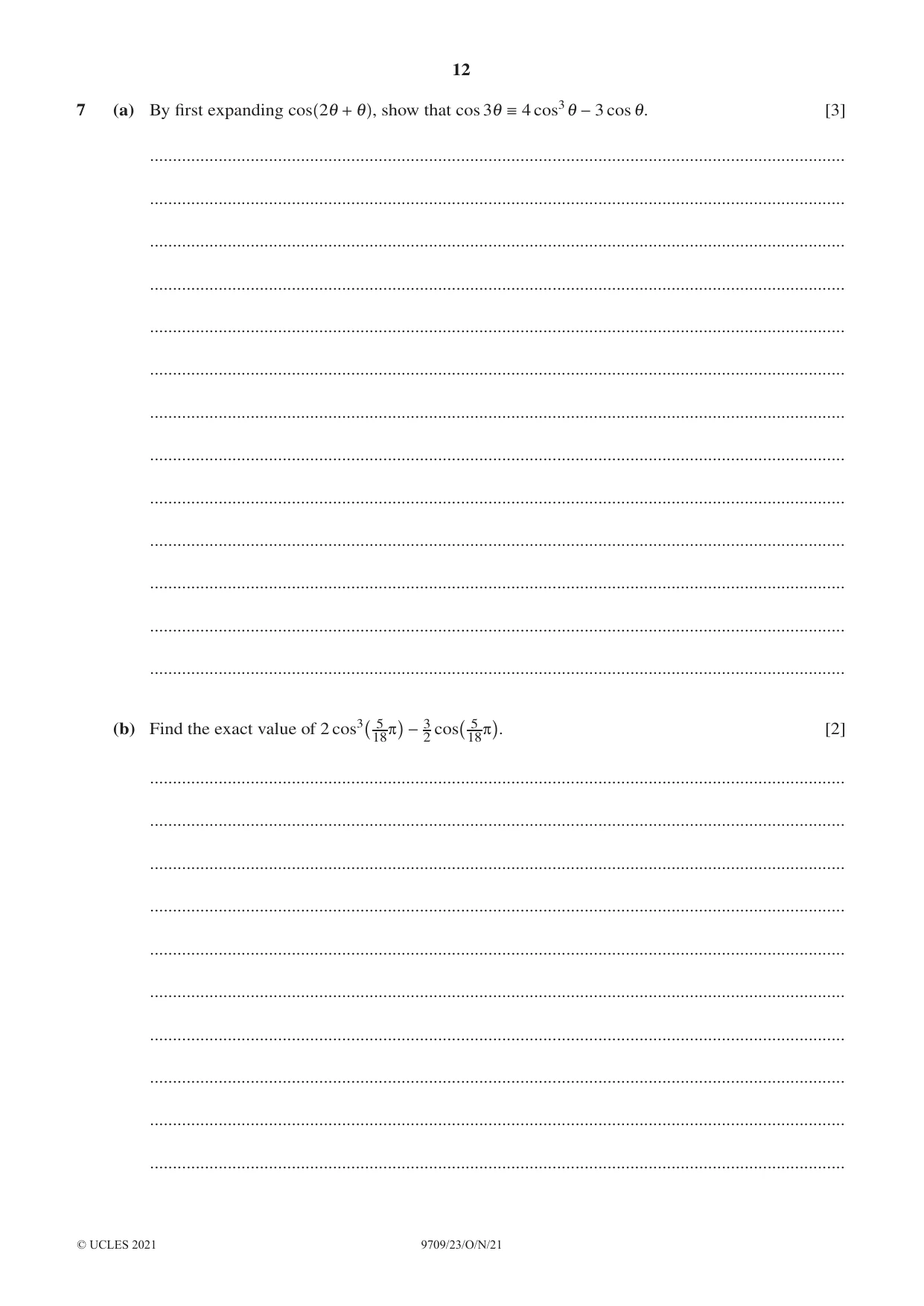 Cambridge A Level Mathematics 9709 2021 Oct/Nov Paper 2 · Variant 3 question paper, page 12 of 16
