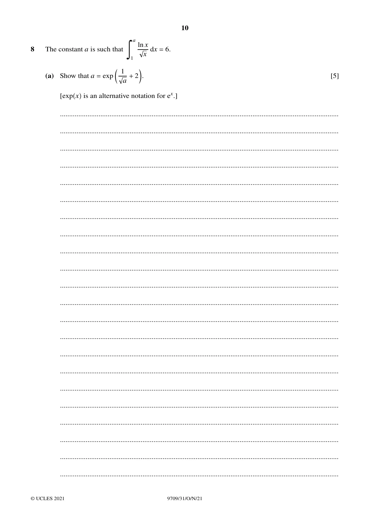 Cambridge A Level Mathematics 9709 2021 Oct/Nov Paper 3 · Variant 1 question paper, page 10 of 16
