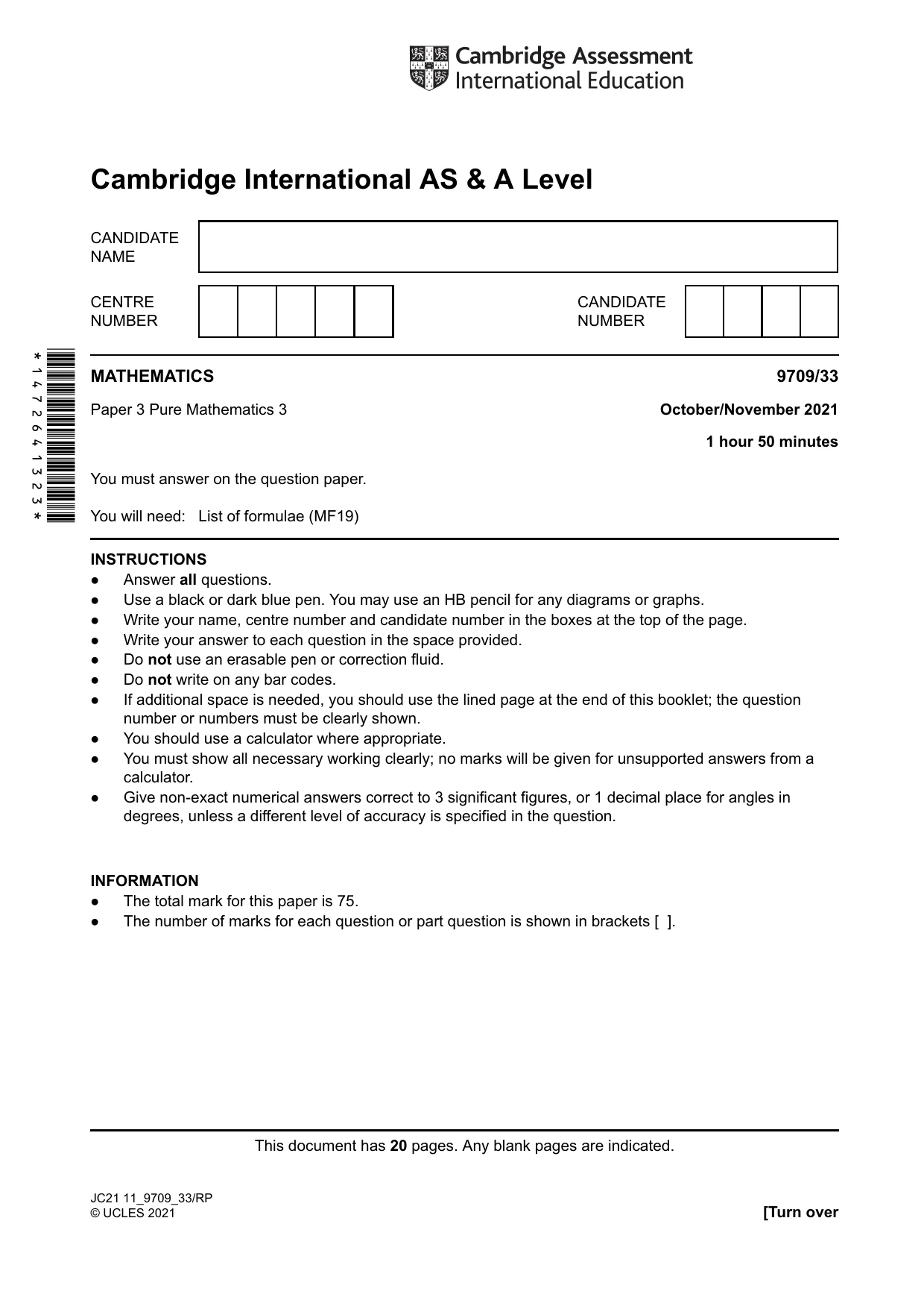 Cambridge A Level Mathematics 9709 2021 Oct/Nov Paper 3 · Variant 3 question paper, page 1 of 20