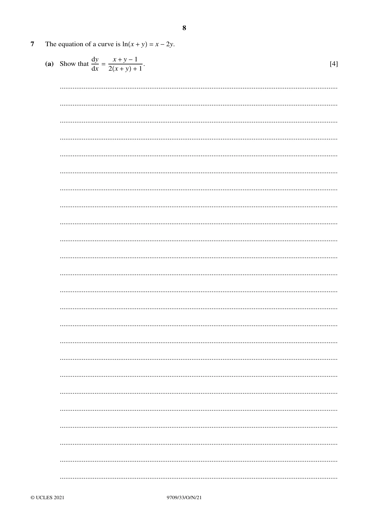 Cambridge A Level Mathematics 9709 2021 Oct/Nov Paper 3 · Variant 3 question paper, page 8 of 20