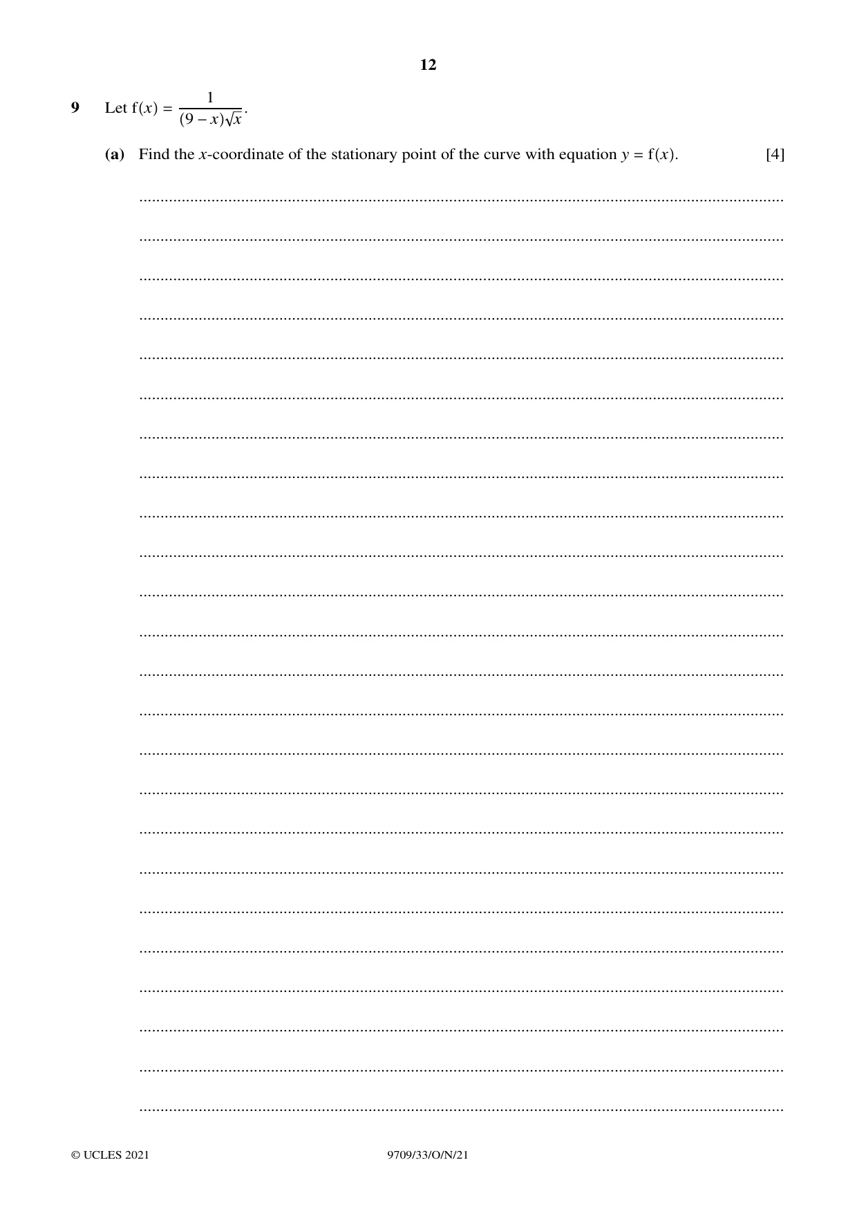 Cambridge A Level Mathematics 9709 2021 Oct/Nov Paper 3 · Variant 3 question paper, page 12 of 20