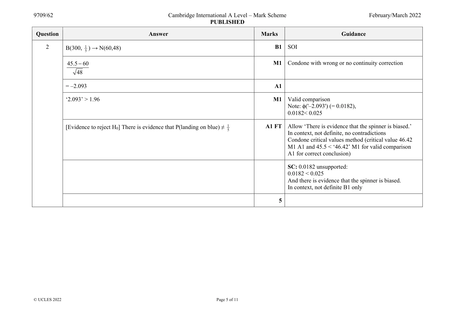 Mark scheme, page 5 of 11