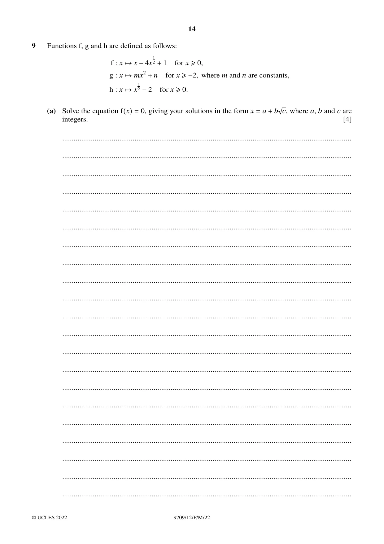 Cambridge A Level Mathematics 9709 2022 Feb/March Paper 1 · Variant 2 question paper, page 14 of 20