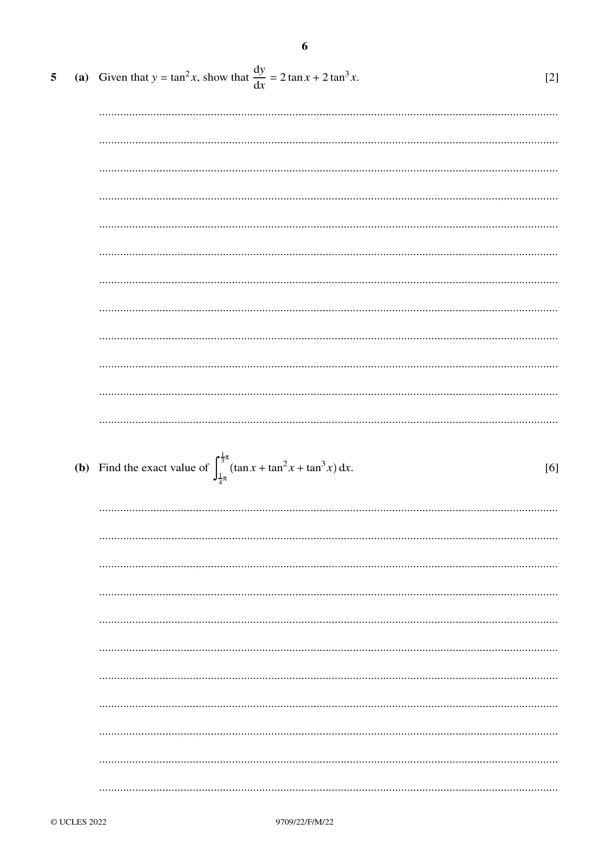 Cambridge A Level Mathematics 9709 2022 Feb/March Paper 2 · Variant 2 question paper, page 6 of 12
