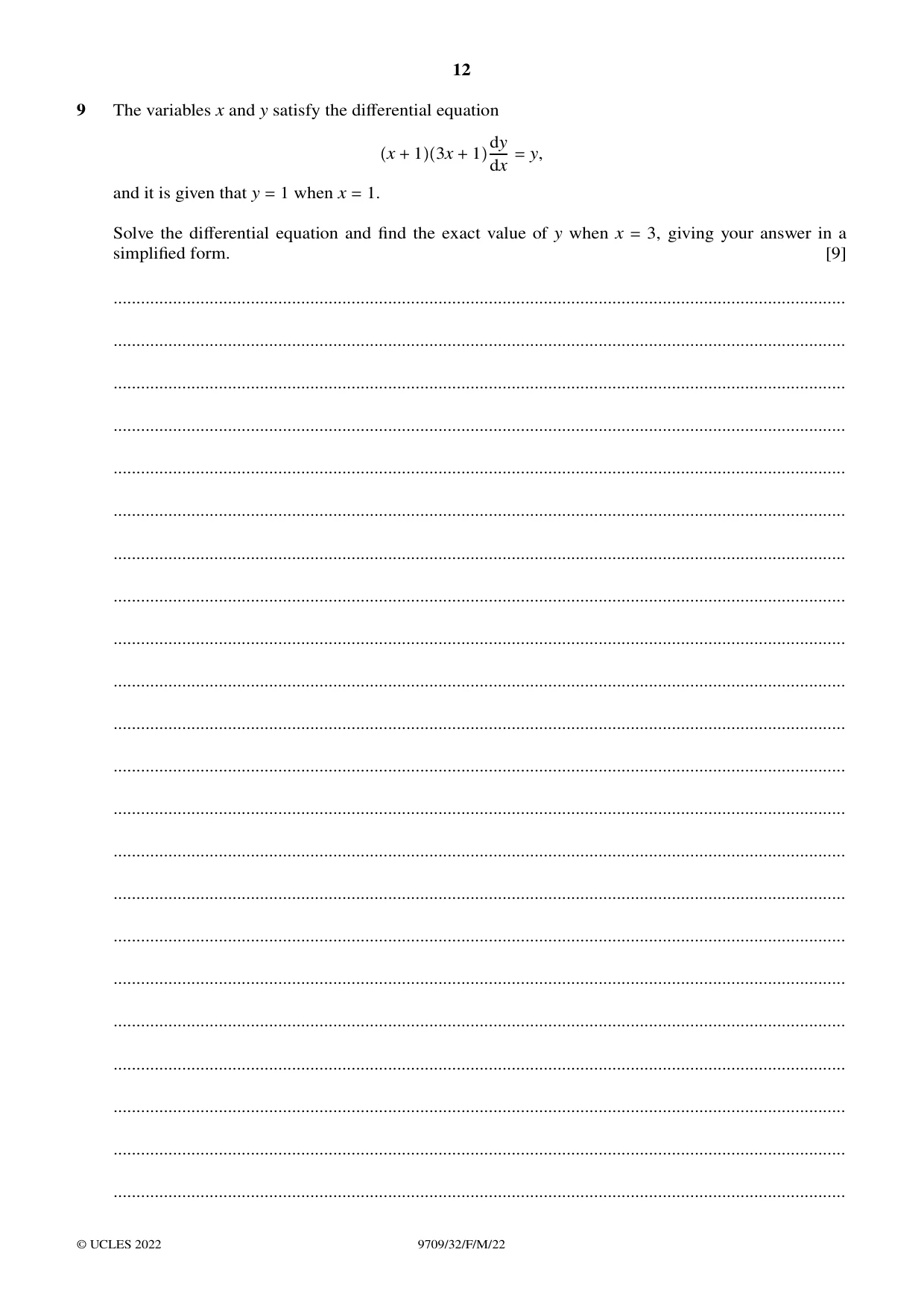 Cambridge A Level Mathematics 9709 2022 Feb/March Paper 3 · Variant 2 question paper, page 12 of 20