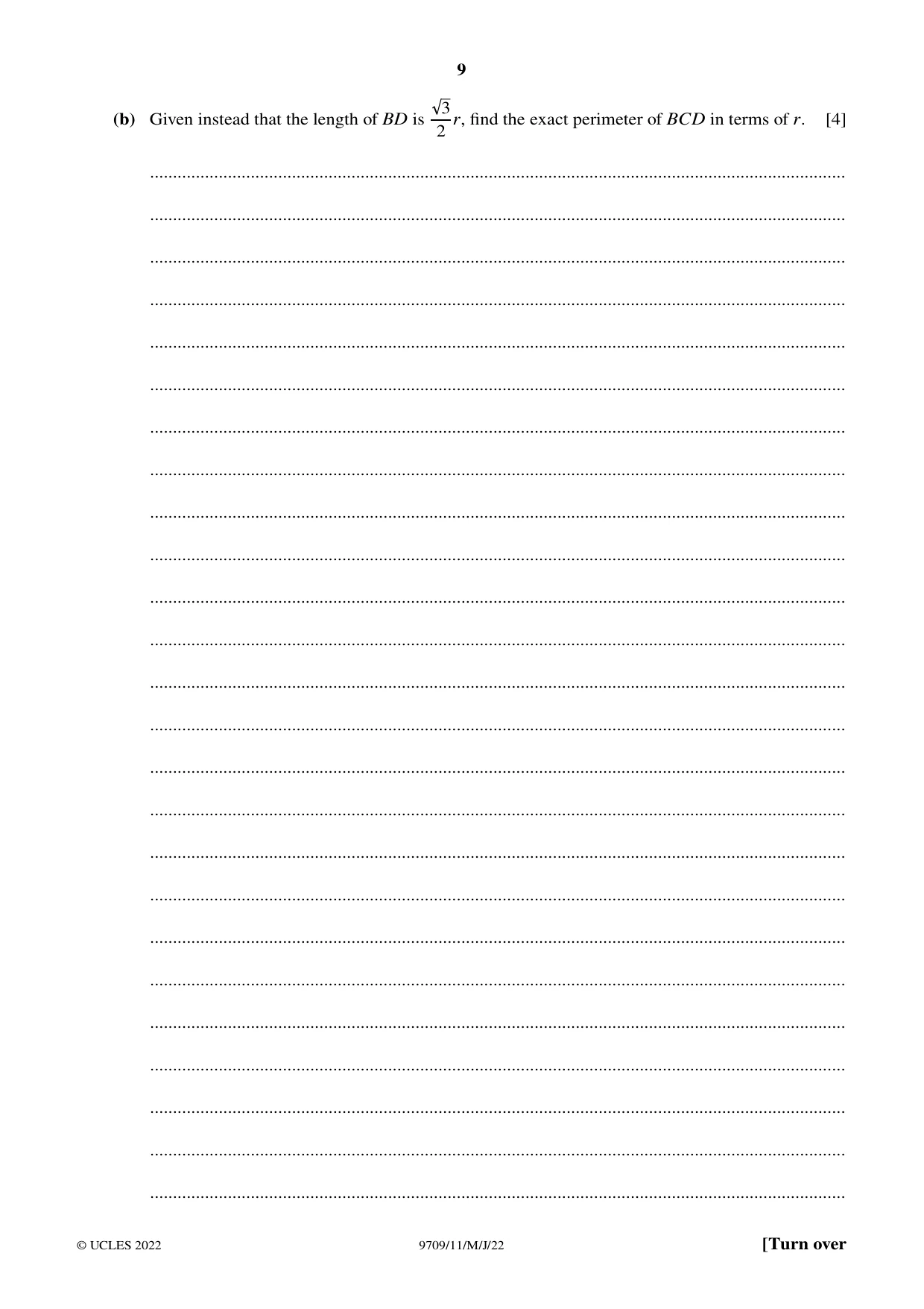 Cambridge A Level Mathematics 9709 2022 May/June Paper 1 · Variant 1 question paper, page 9 of 20