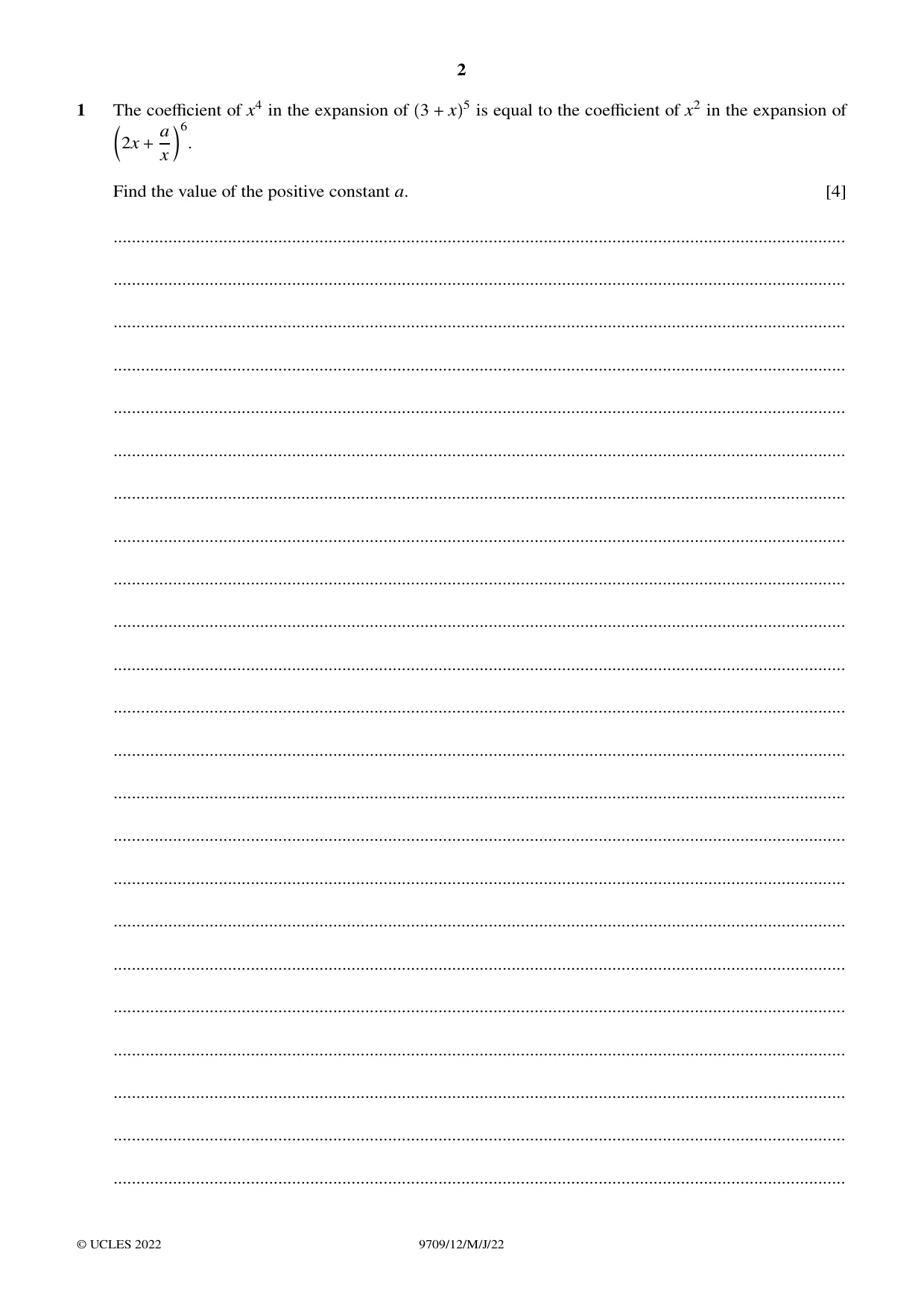 Cambridge A Level Mathematics 9709 2022 May/June Paper 1 · Variant 2 question paper, page 2 of 20