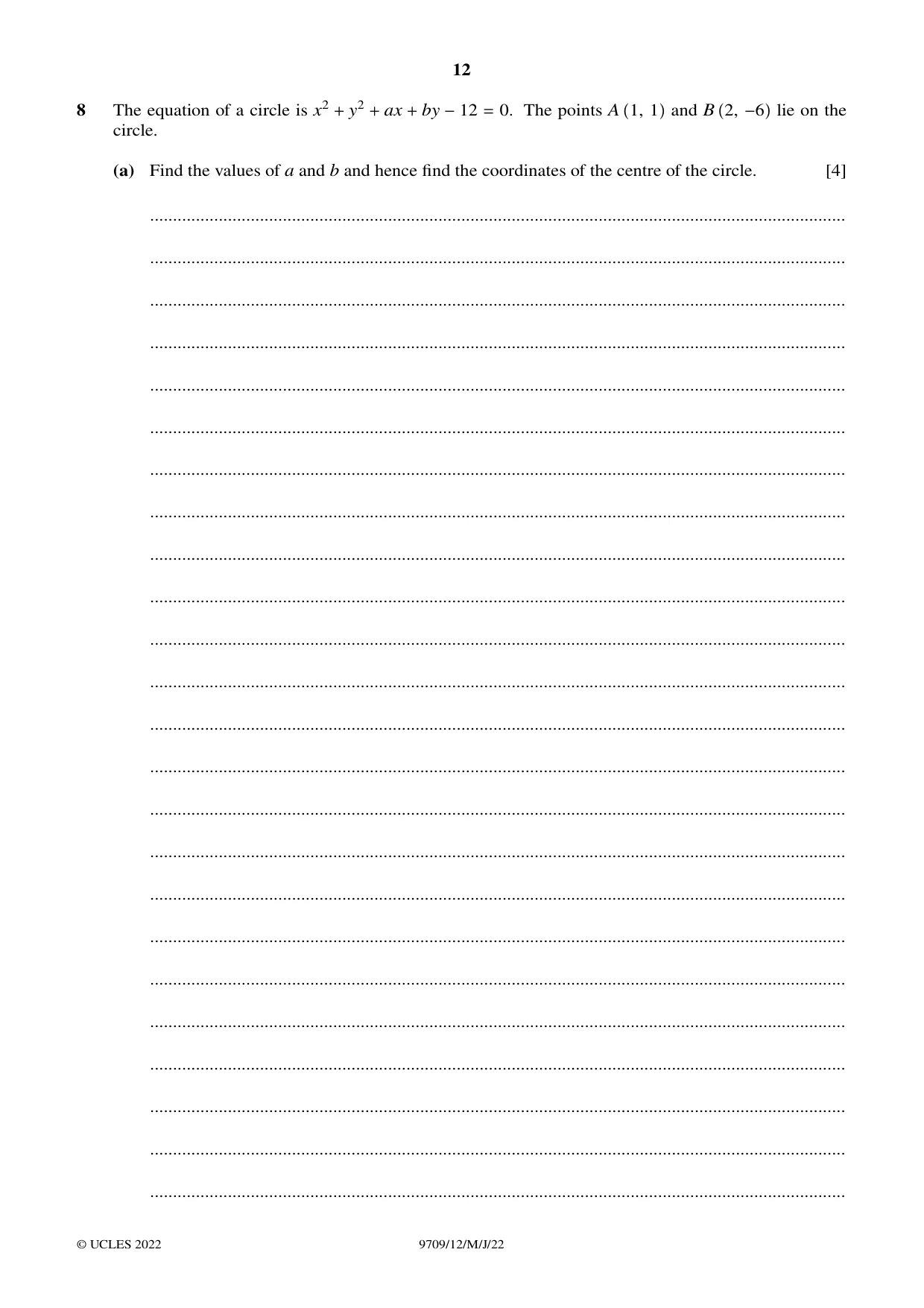 Cambridge A Level Mathematics 9709 2022 May/June Paper 1 · Variant 2 question paper, page 12 of 20