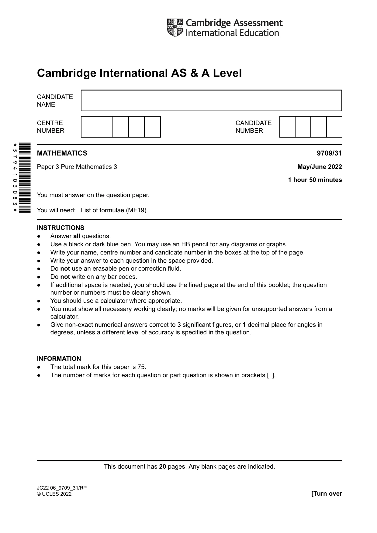 Cambridge A Level Mathematics 9709 2022 May/June Paper 3 · Variant 1 question paper, page 1 of 20