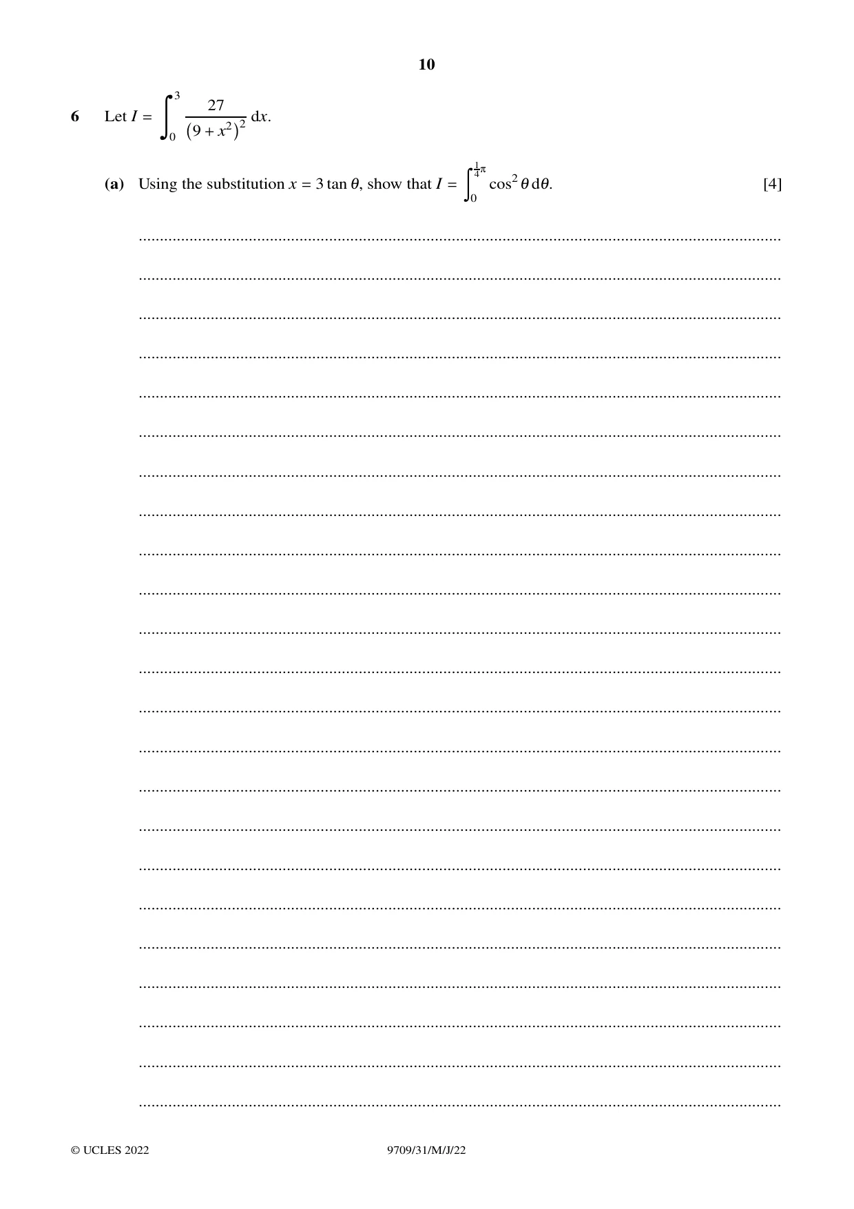 Cambridge A Level Mathematics 9709 2022 May/June Paper 3 · Variant 1 question paper, page 10 of 20