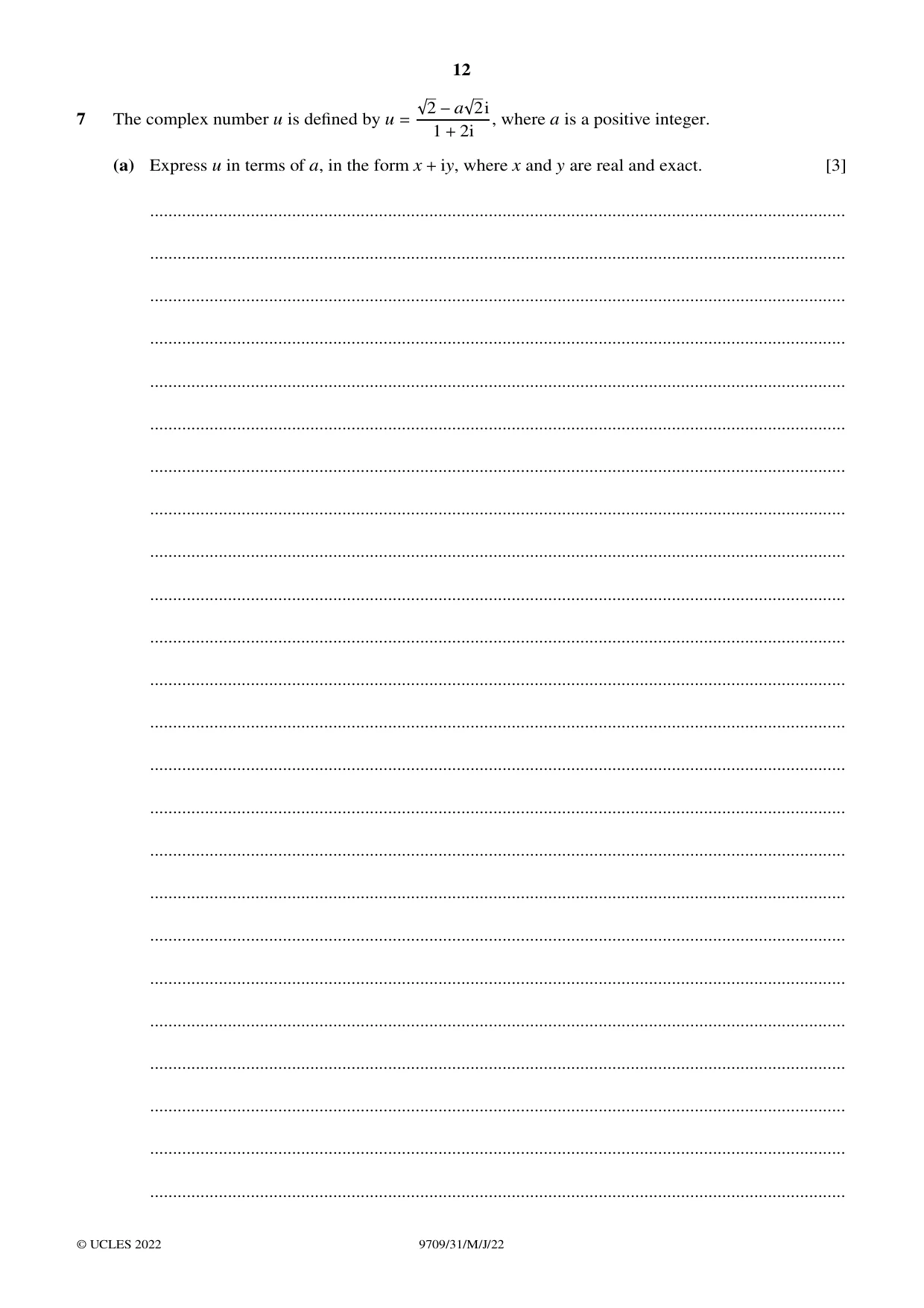 Cambridge A Level Mathematics 9709 2022 May/June Paper 3 · Variant 1 question paper, page 12 of 20