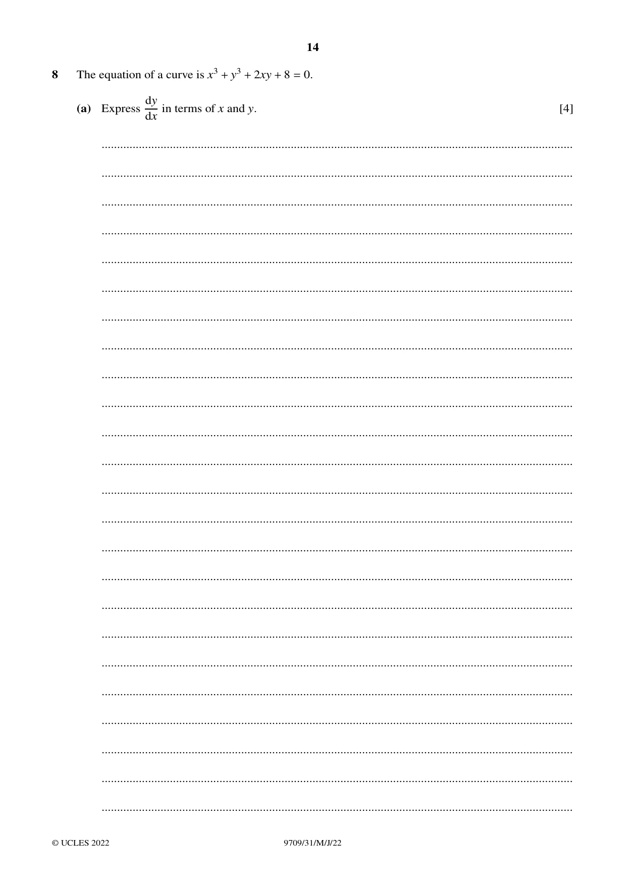 Cambridge A Level Mathematics 9709 2022 May/June Paper 3 · Variant 1 question paper, page 14 of 20