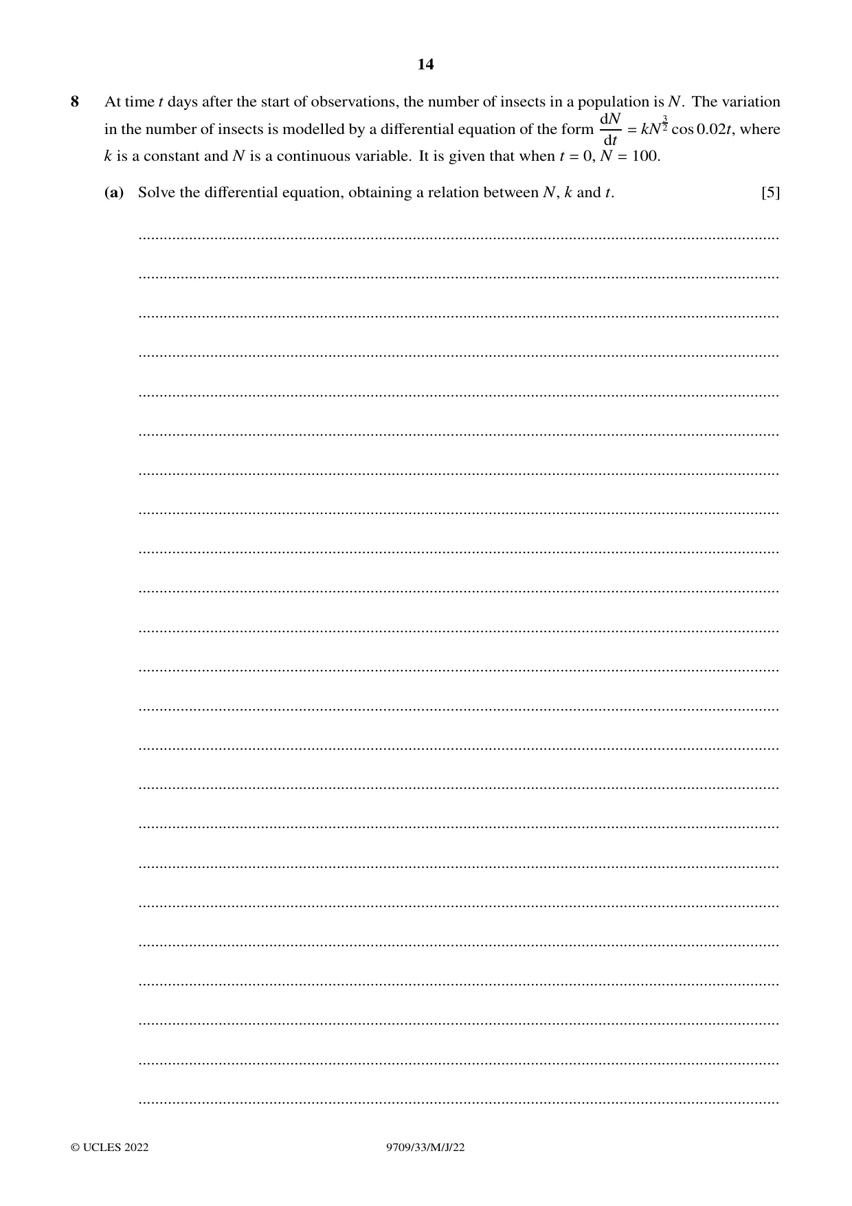 Cambridge A Level Mathematics 9709 2022 May/June Paper 3 · Variant 3 question paper, page 14 of 20