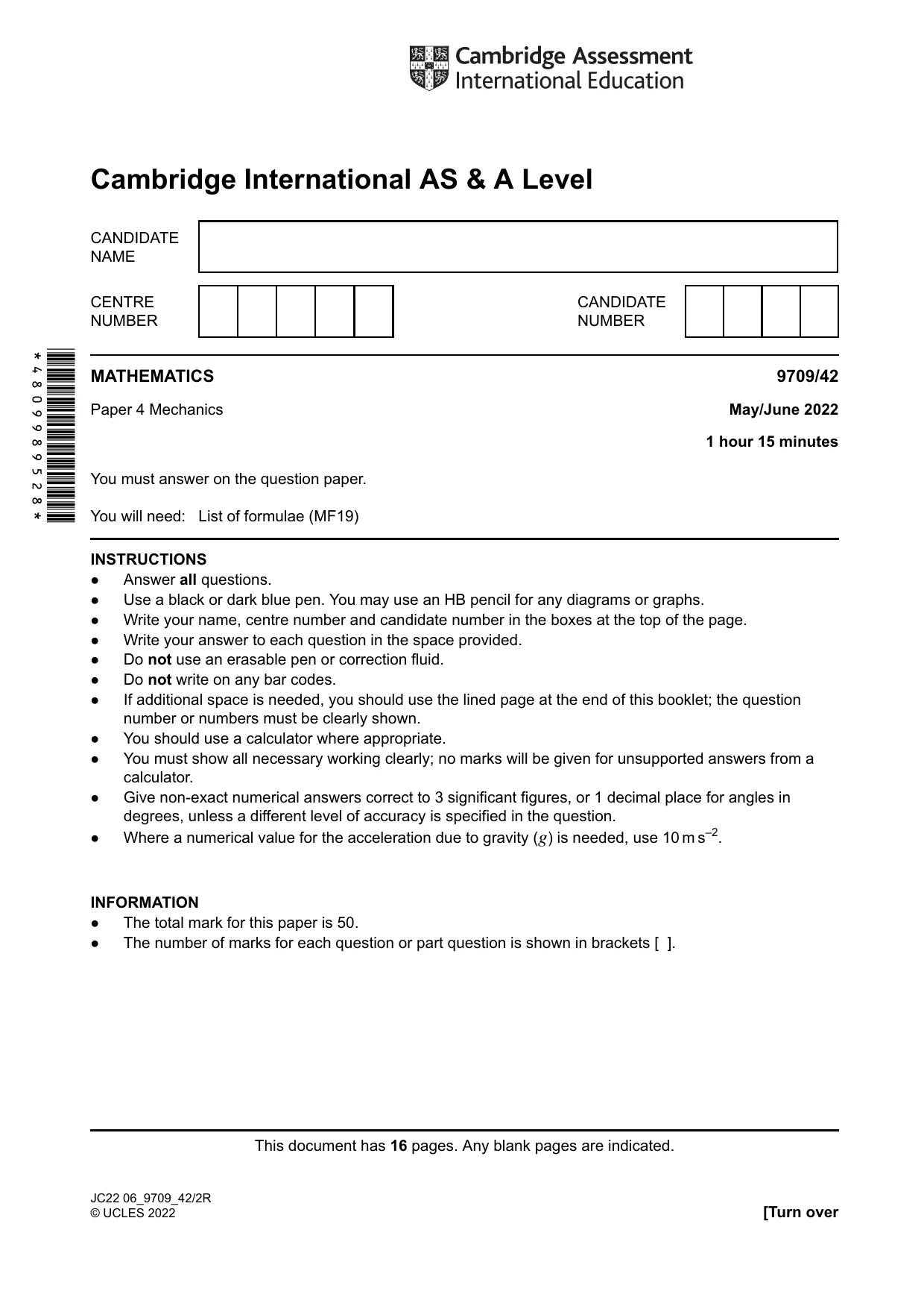 Cambridge A Level Mathematics 9709 2022 May/June Paper 4 · Variant 2 question paper, page 1 of 16