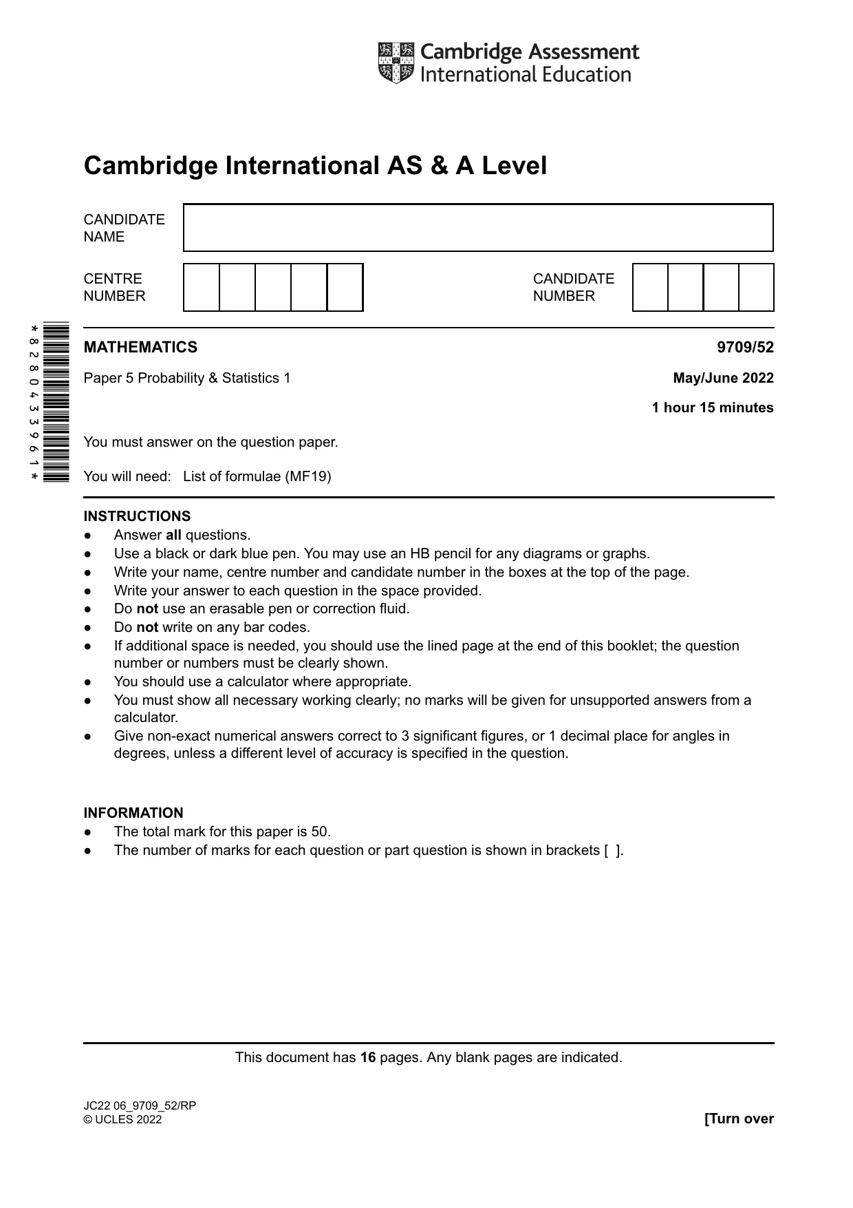 Cambridge A Level Mathematics 9709 2022 May/June Paper 5 · Variant 2 question paper, page 1 of 16
