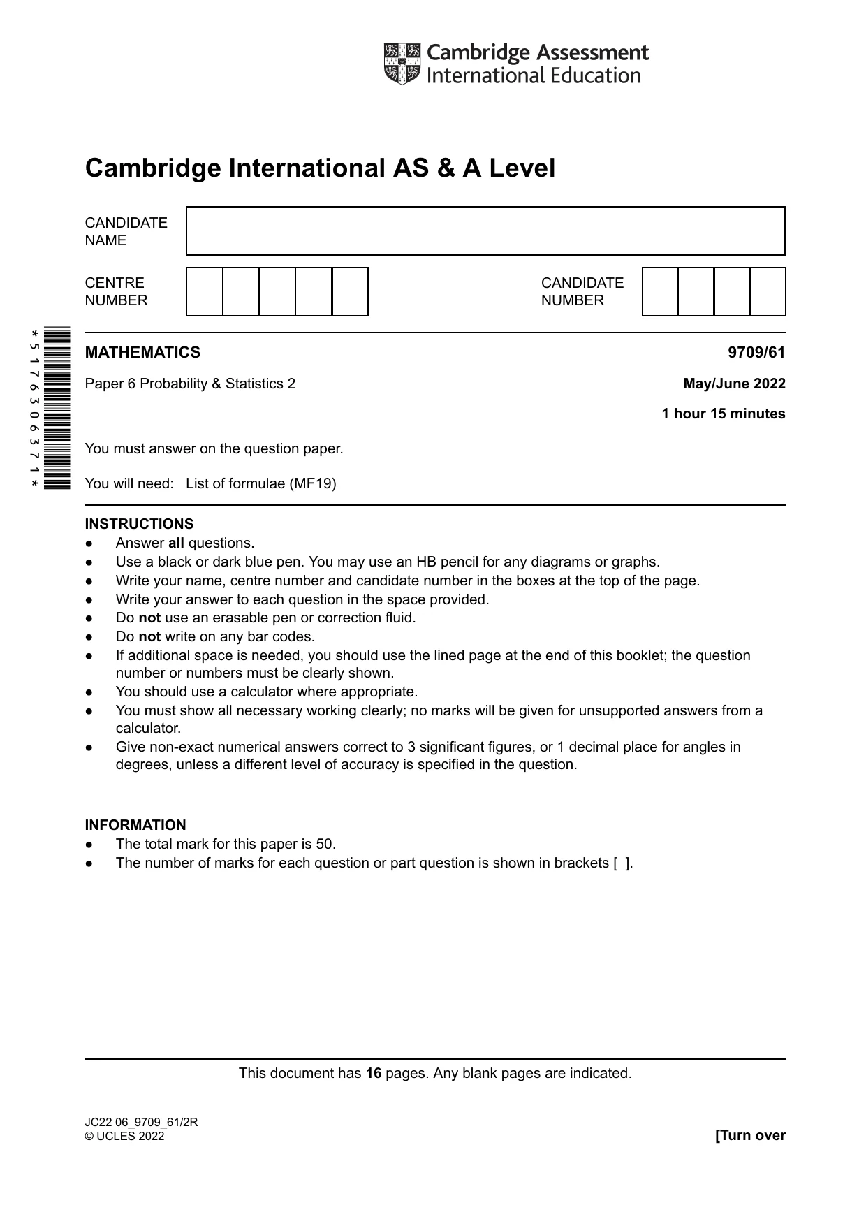Cambridge A Level Mathematics 9709 2022 May/June Paper 6 · Variant 1 question paper, page 1 of 16