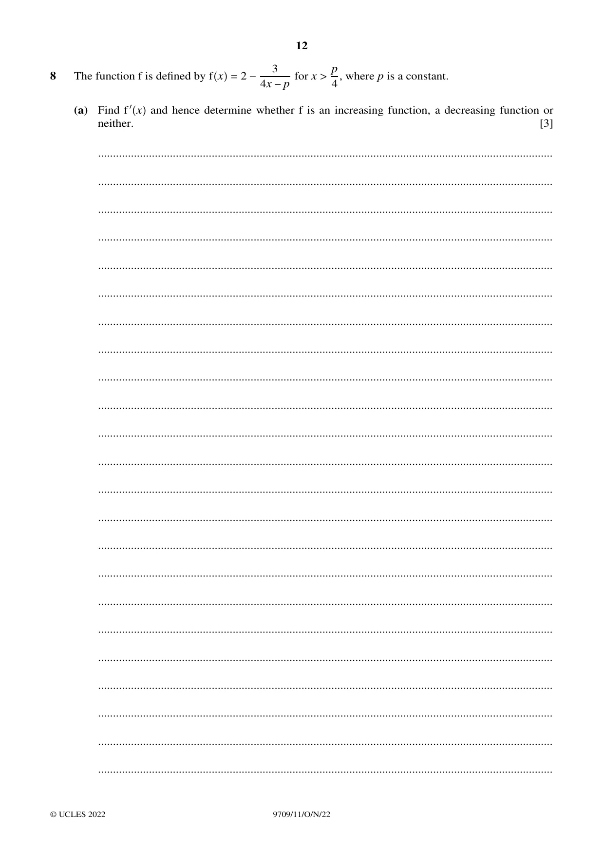 Cambridge A Level Mathematics 9709 2022 Oct/Nov Paper 1 · Variant 1 question paper, page 12 of 20