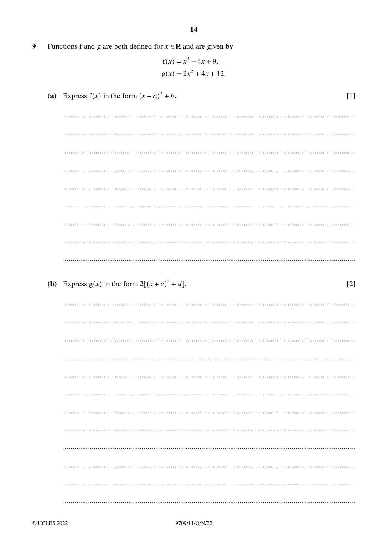 Cambridge A Level Mathematics 9709 2022 Oct/Nov Paper 1 · Variant 1 question paper, page 14 of 20