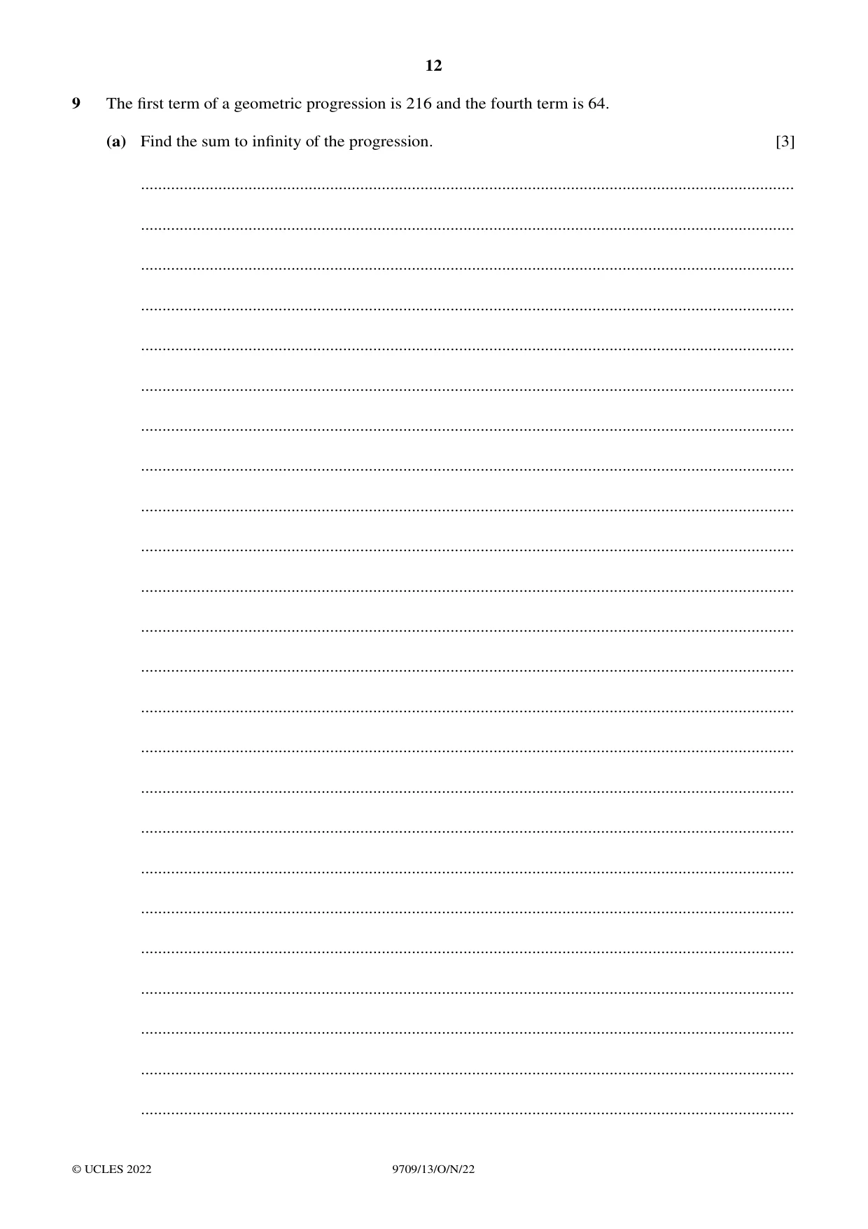 Cambridge A Level Mathematics 9709 2022 Oct/Nov Paper 1 · Variant 3 question paper, page 12 of 20