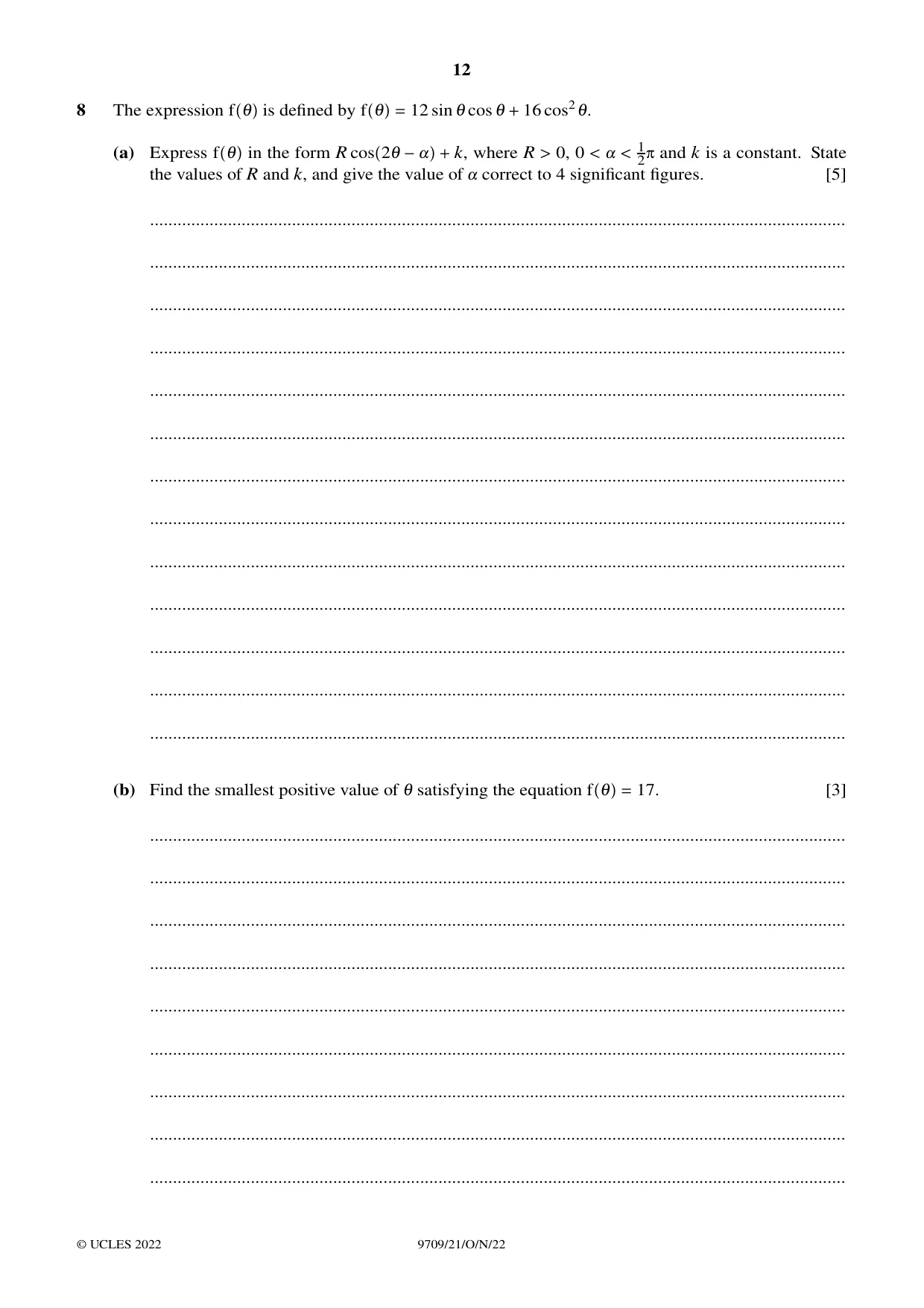 Cambridge A Level Mathematics 9709 2022 Oct/Nov Paper 2 · Variant 1 question paper, page 12 of 16