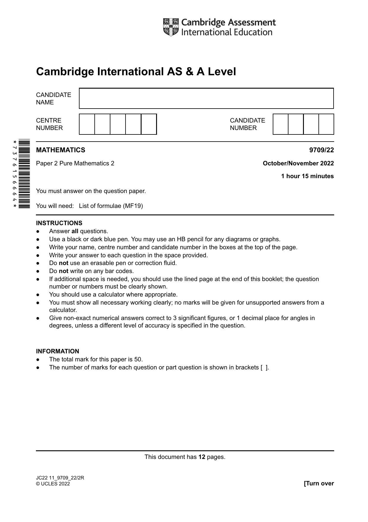 Cambridge A Level Mathematics 9709 2022 Oct/Nov Paper 2 · Variant 2 question paper, page 1 of 12