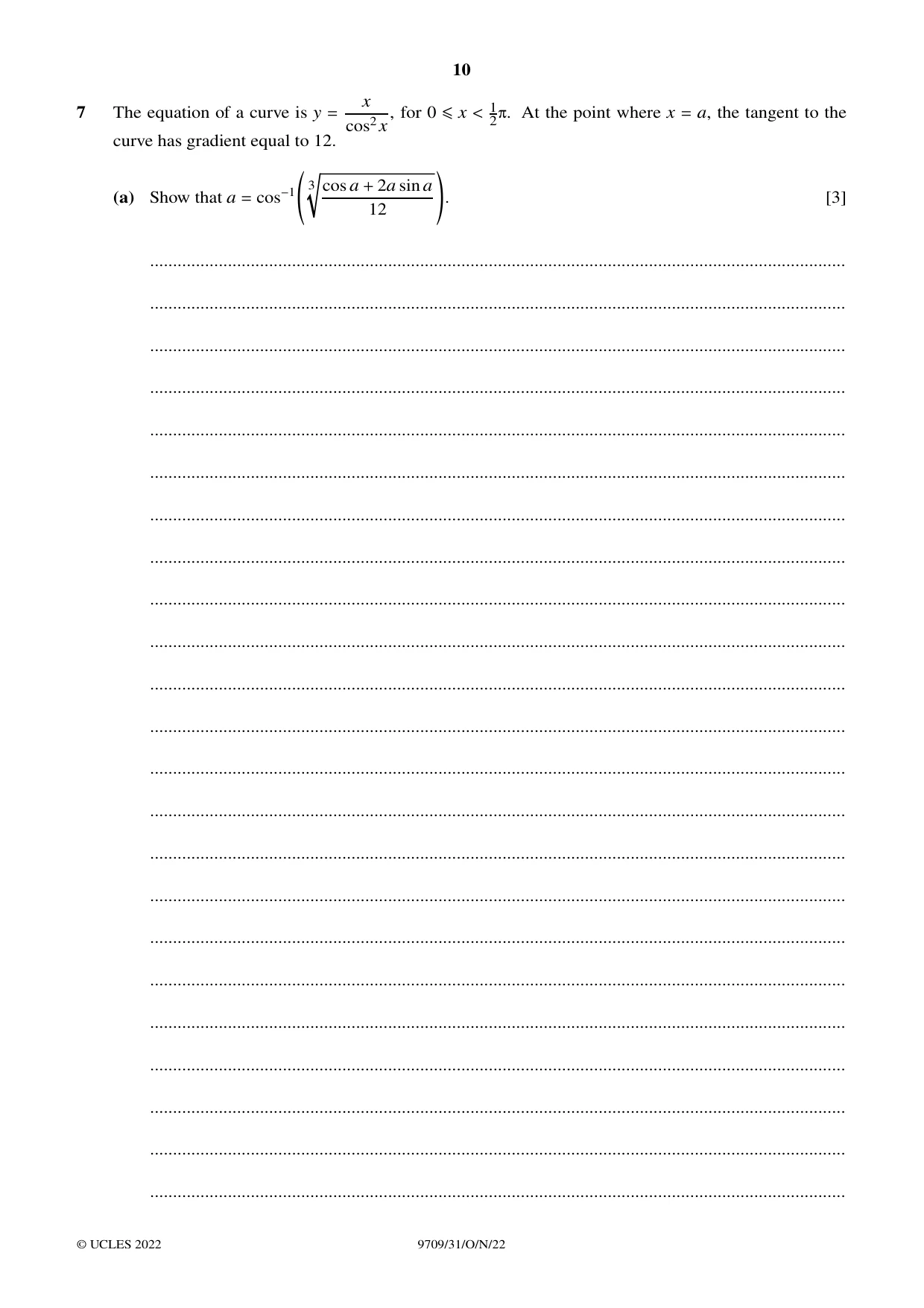 Cambridge A Level Mathematics 9709 2022 Oct/Nov Paper 3 · Variant 1 question paper, page 10 of 20
