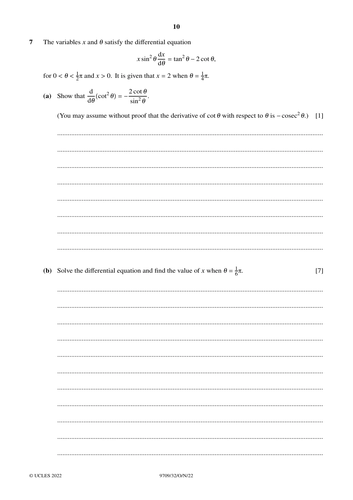 Cambridge A Level Mathematics 9709 2022 Oct/Nov Paper 3 · Variant 2 question paper, page 10 of 20