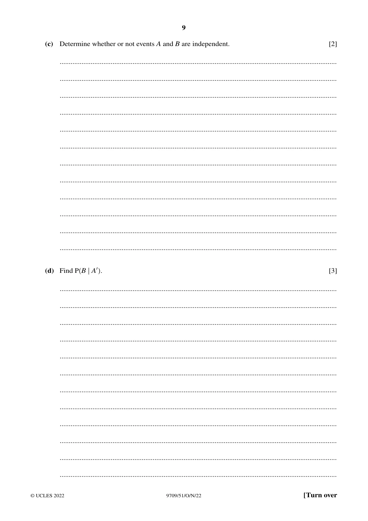 Cambridge A Level Mathematics 9709 2022 Oct/Nov Paper 5 · Variant 1 question paper, page 9 of 12