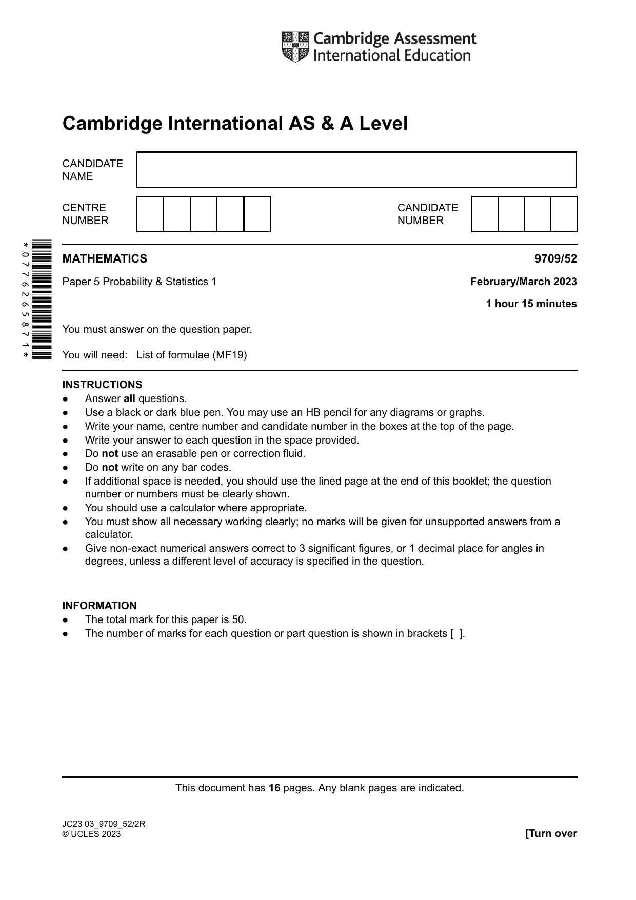 Cambridge A Level Mathematics 9709 2023 Feb/March Paper 5 · Variant 2 question paper, page 1 of 16