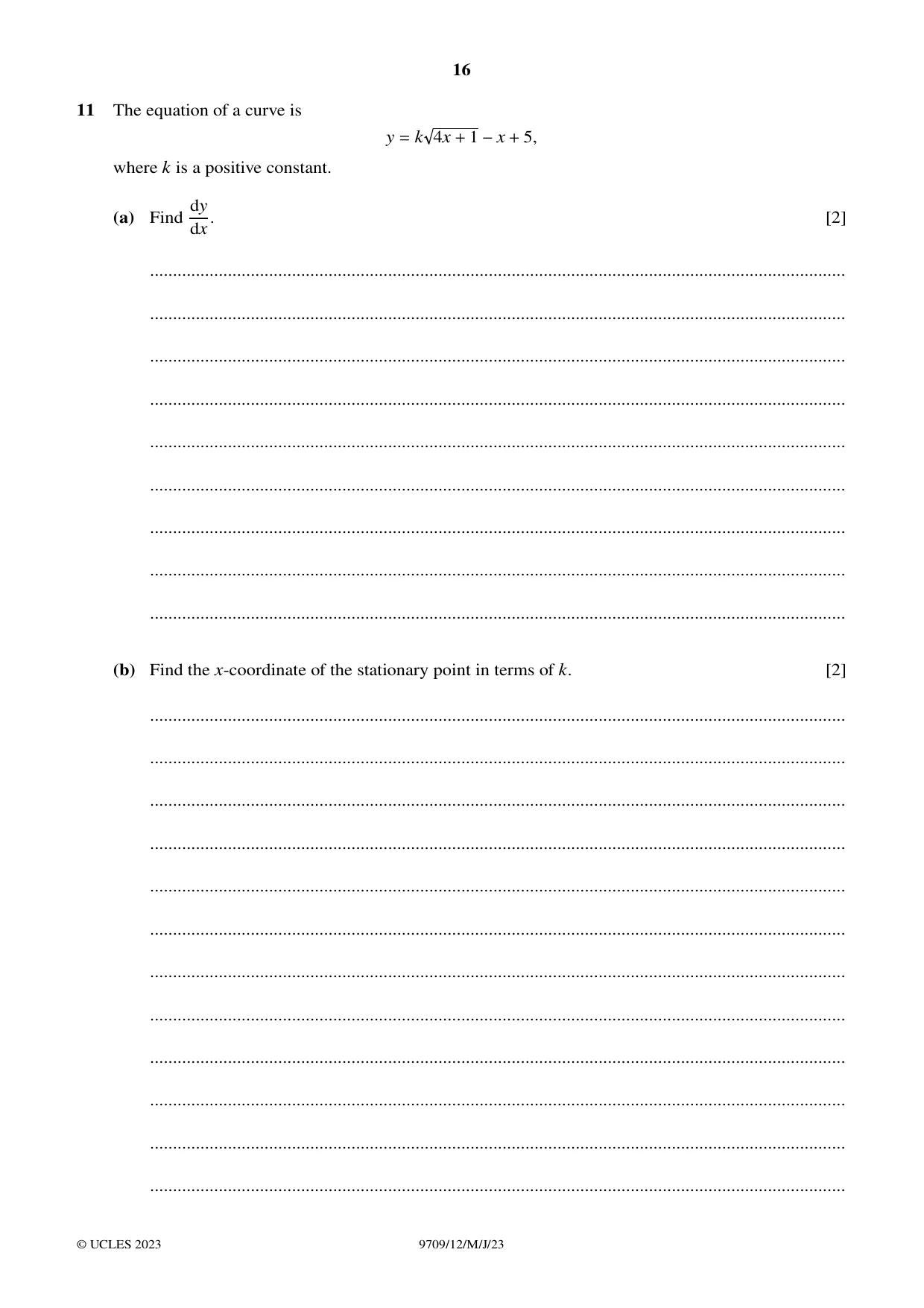 Cambridge A Level Mathematics 9709 2023 May/June Paper 1 · Variant 2 question paper, page 16 of 20