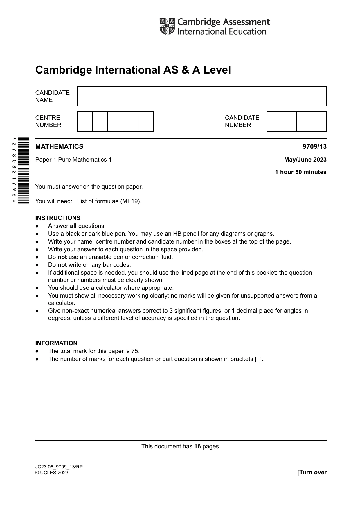 Cambridge A Level Mathematics 9709 2023 May/June Paper 1 · Variant 3 question paper, page 1 of 16
