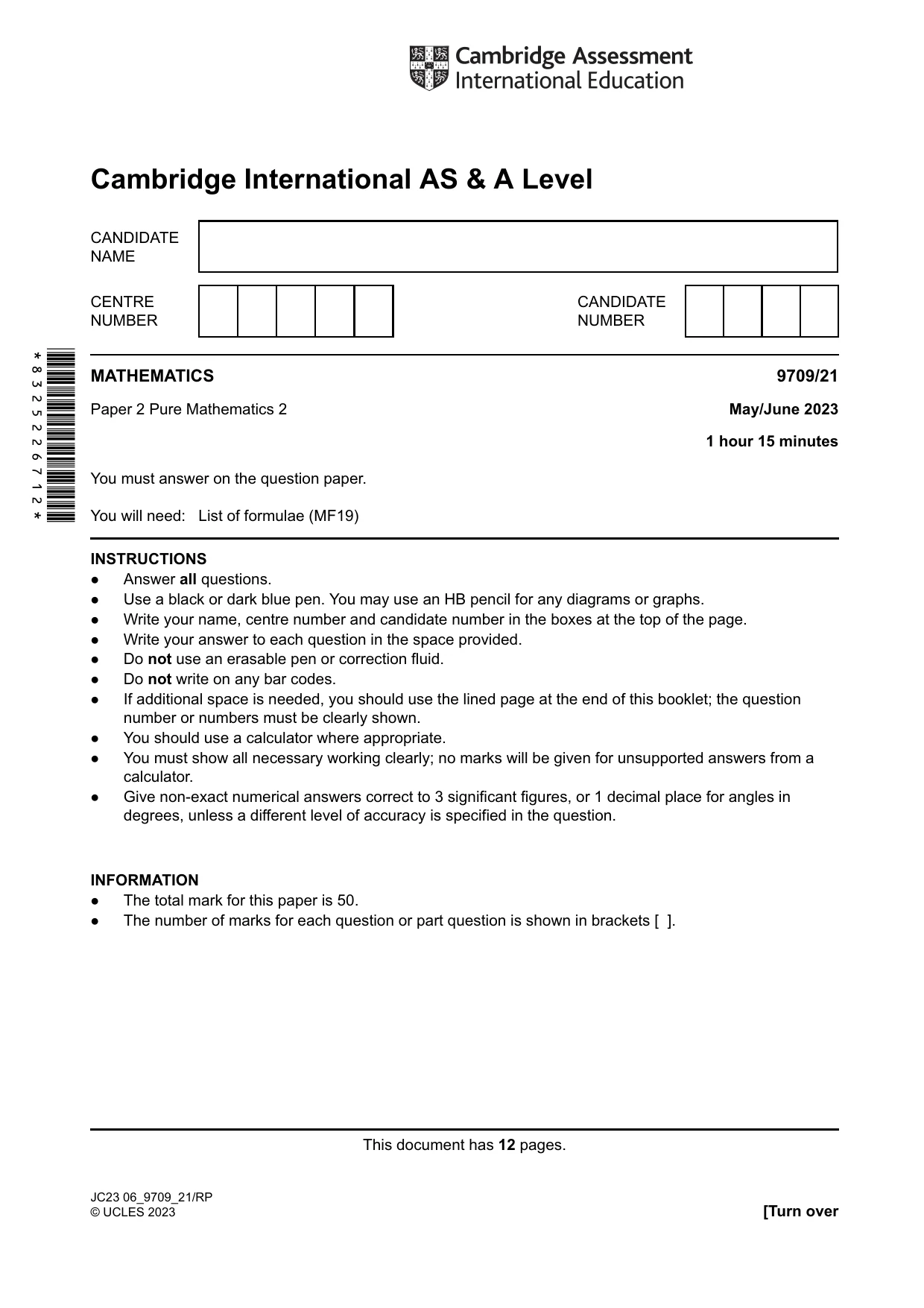 Cambridge A Level Mathematics 9709 2023 May/June Paper 2 · Variant 1 question paper, page 1 of 12