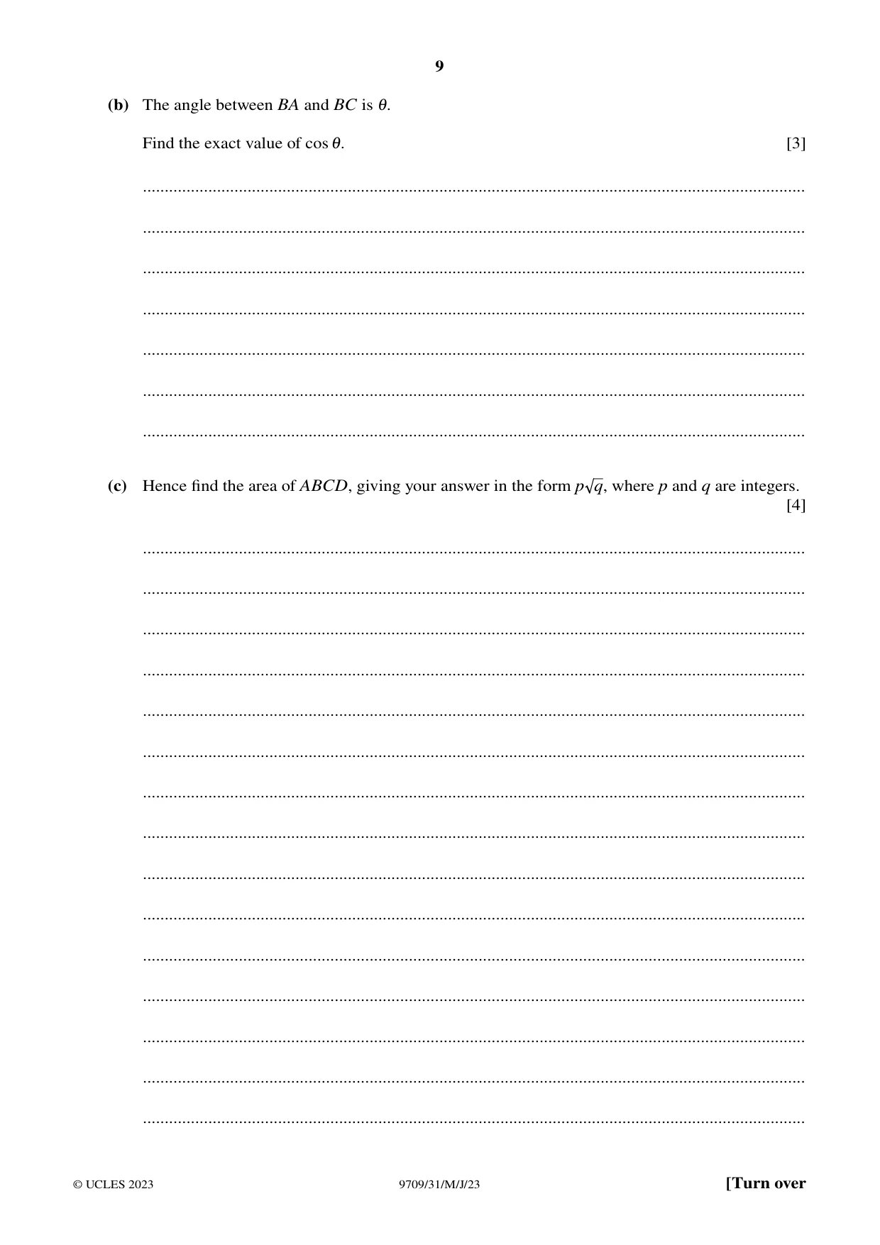 Cambridge A Level Mathematics 9709 2023 May/June Paper 3 · Variant 1 question paper, page 9 of 20
