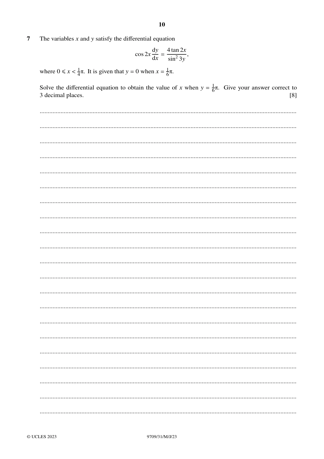 Cambridge A Level Mathematics 9709 2023 May/June Paper 3 · Variant 1 question paper, page 10 of 20