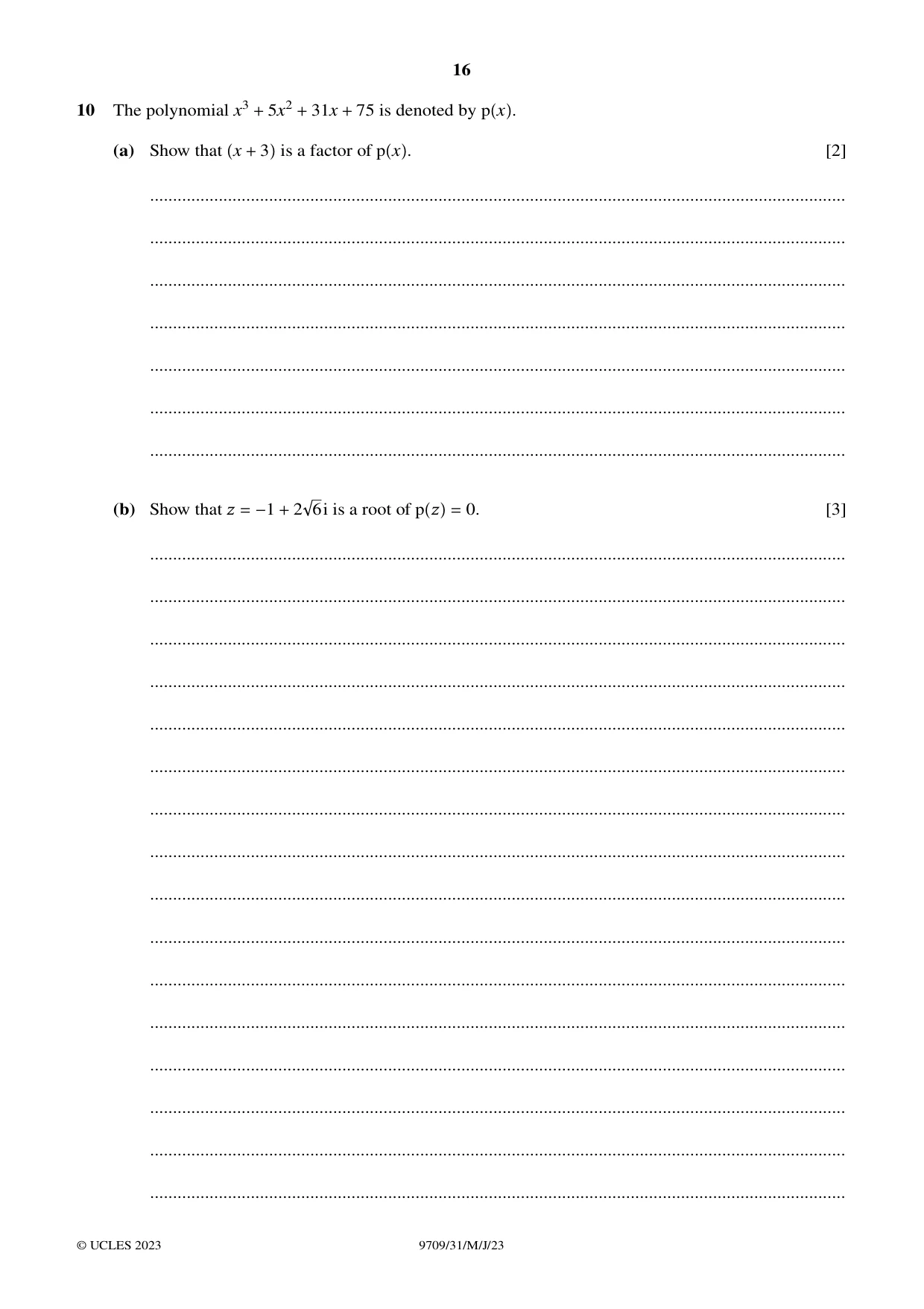 Cambridge A Level Mathematics 9709 2023 May/June Paper 3 · Variant 1 question paper, page 16 of 20