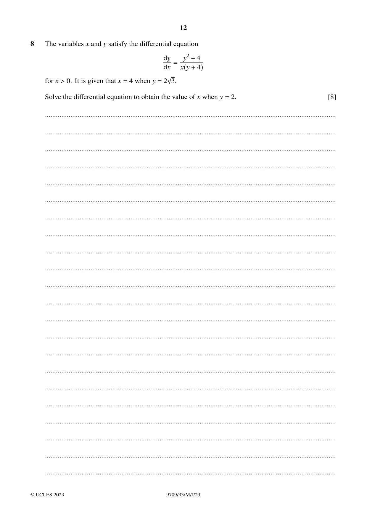 Cambridge A Level Mathematics 9709 2023 May/June Paper 3 · Variant 3 question paper, page 12 of 20