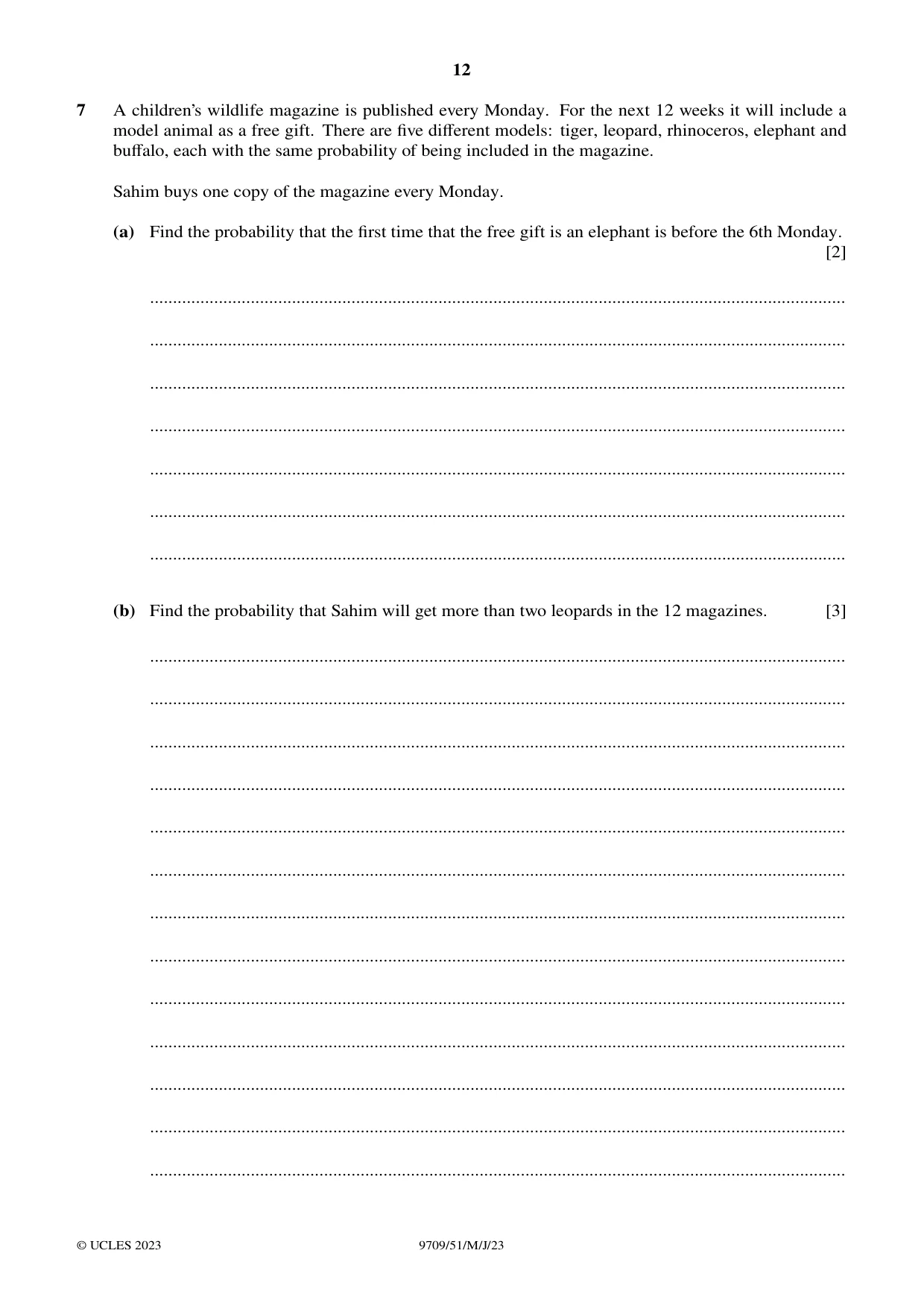 Cambridge A Level Mathematics 9709 2023 May/June Paper 5 · Variant 1 question paper, page 12 of 16